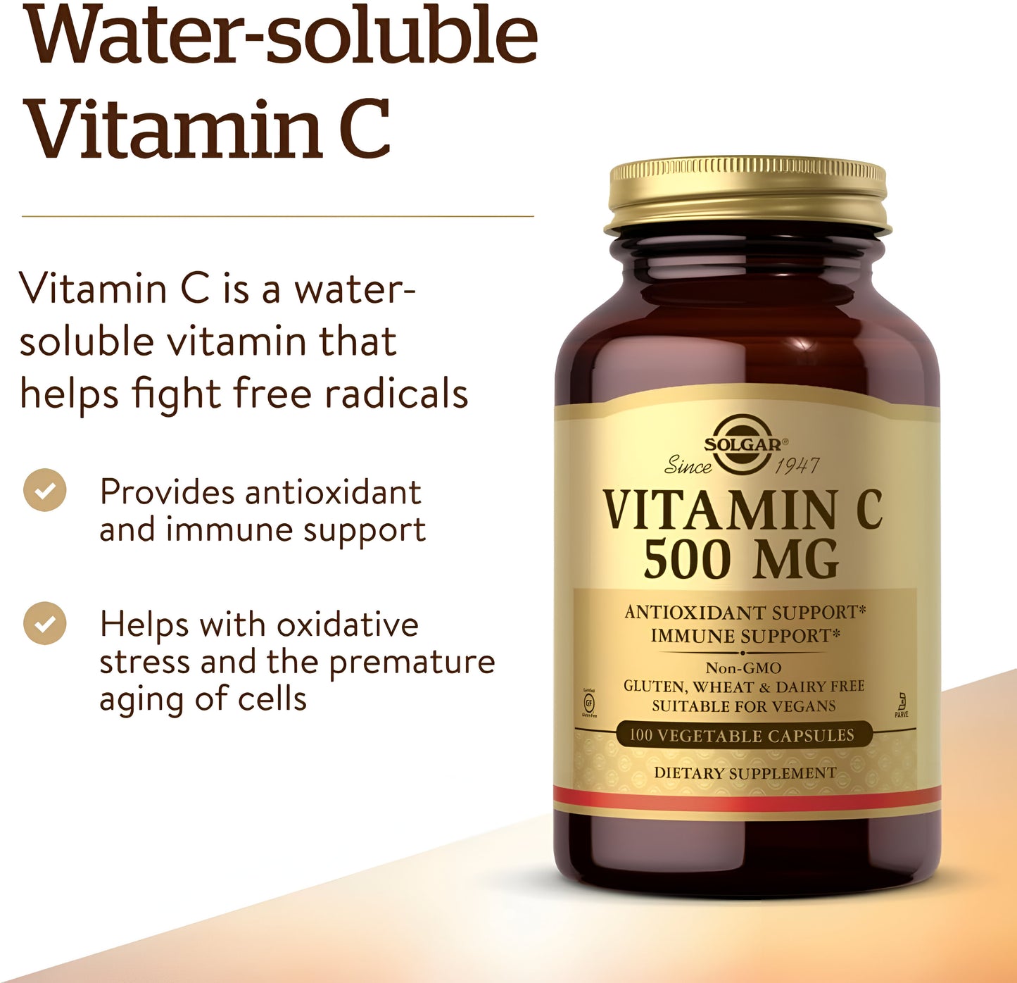 Solgar Vitamina C de 500 mg, 100 cápsulas vegetales – Antioxidante e inmunológico – Salud general – Apoya la piel y las articulaciones saludables – Sin OMG, vegano, sin gluten, Kosher – 100 porciones