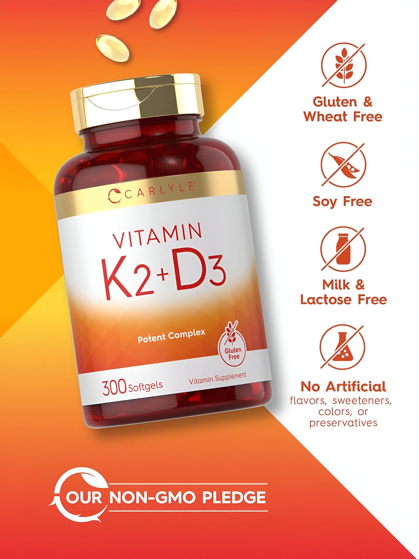 K2 + D3 Carlyle 300 Cápsulas 200mcg K2 y MK7 y 250mcg D3 .