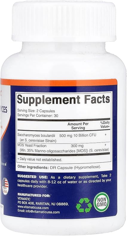 Vitamatic Saccharomyces Boulardii Probiotic 10B por porción + extracto de levadura (fracción de levadura MOS), 60 capsulas