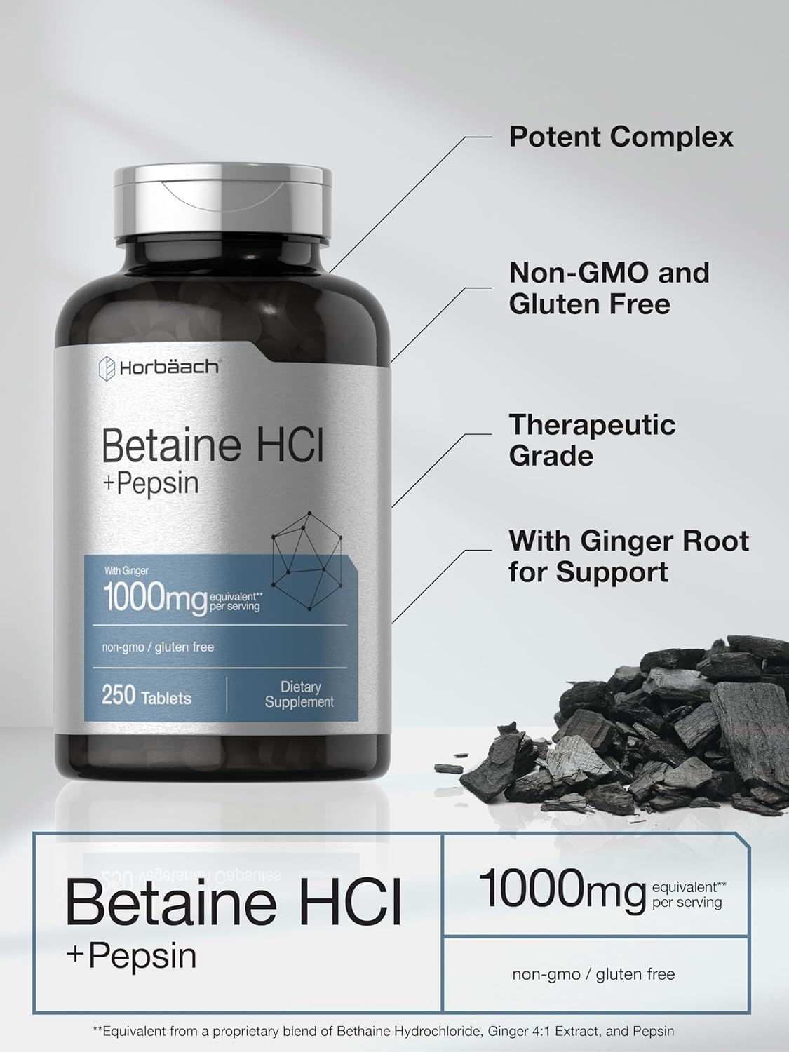 Horbäach Betaína HCl con pepsina | 1000 mg | 250 tabletas | Suplemento de clorhidrato | con raíz de jengibre | Sin OMG, sin gluten