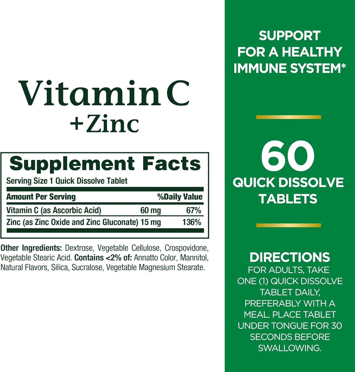 Nature's Bounty Vitamina C con suplemento de zinc, 60 mg, 60 tabletas