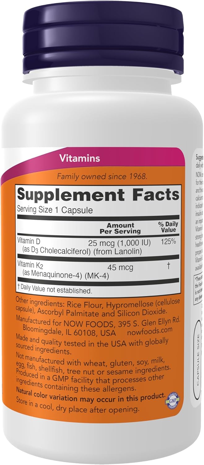 Now - Vitamina D3 (1000IU) + K2 (45MCG), 120 capsulas