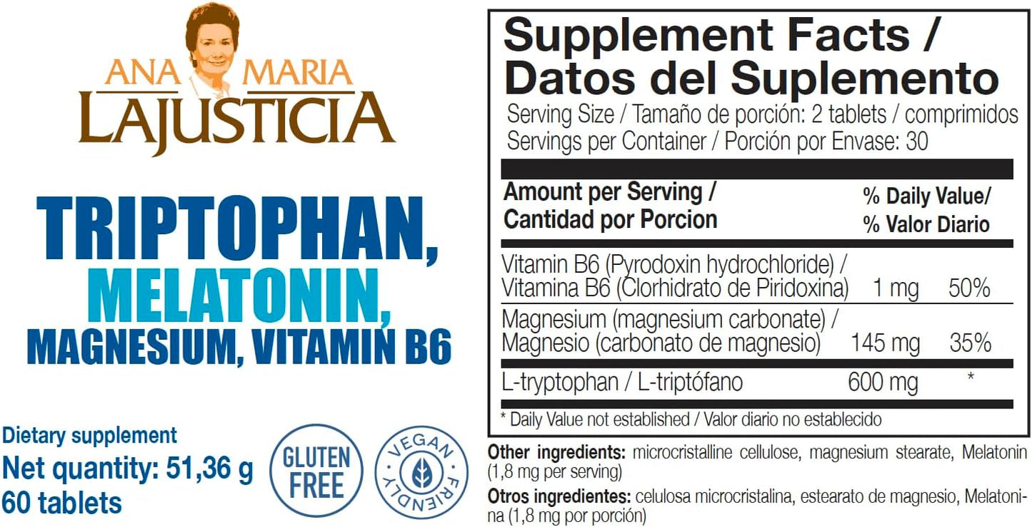 Ana Maria La Justicia- Pack Tryptophan (magnesium- vitamina B6), tryptophan(melatonina), 60 tabletas cada frasco