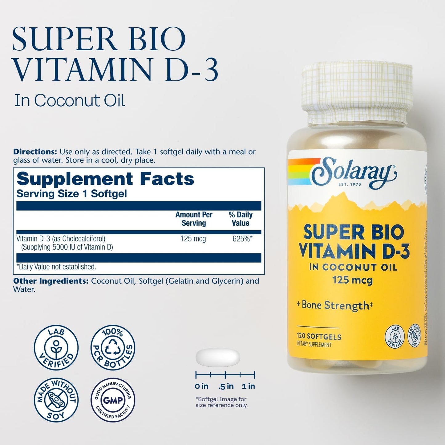 Solaray Super Bio Vitamina D3 en aceite de coco - Vitamina D3 5000 UI - 120 cápsulas blandas