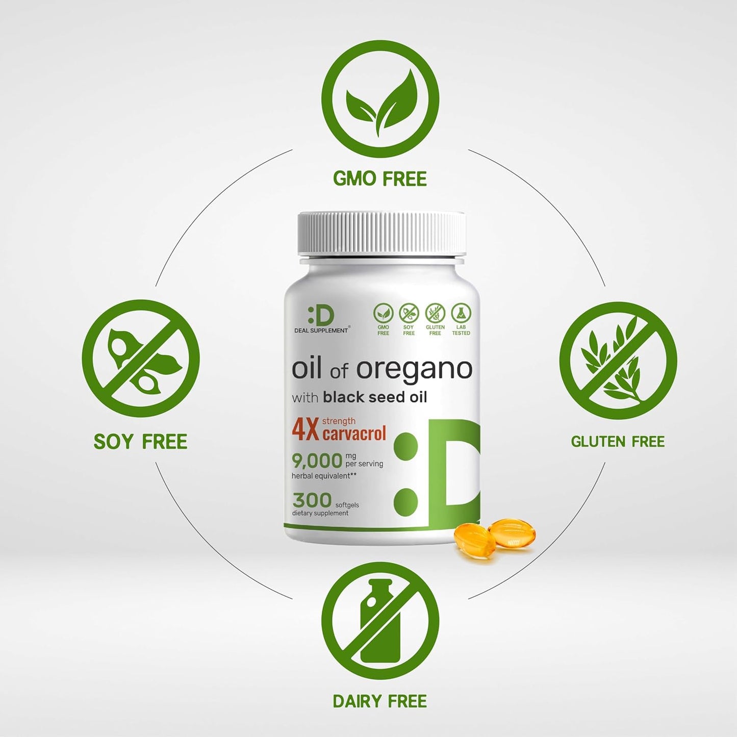 Deal Supplement Aceite de Oregano 9,000mg 4X Carvacrol - 300 Capsulas de Gel.