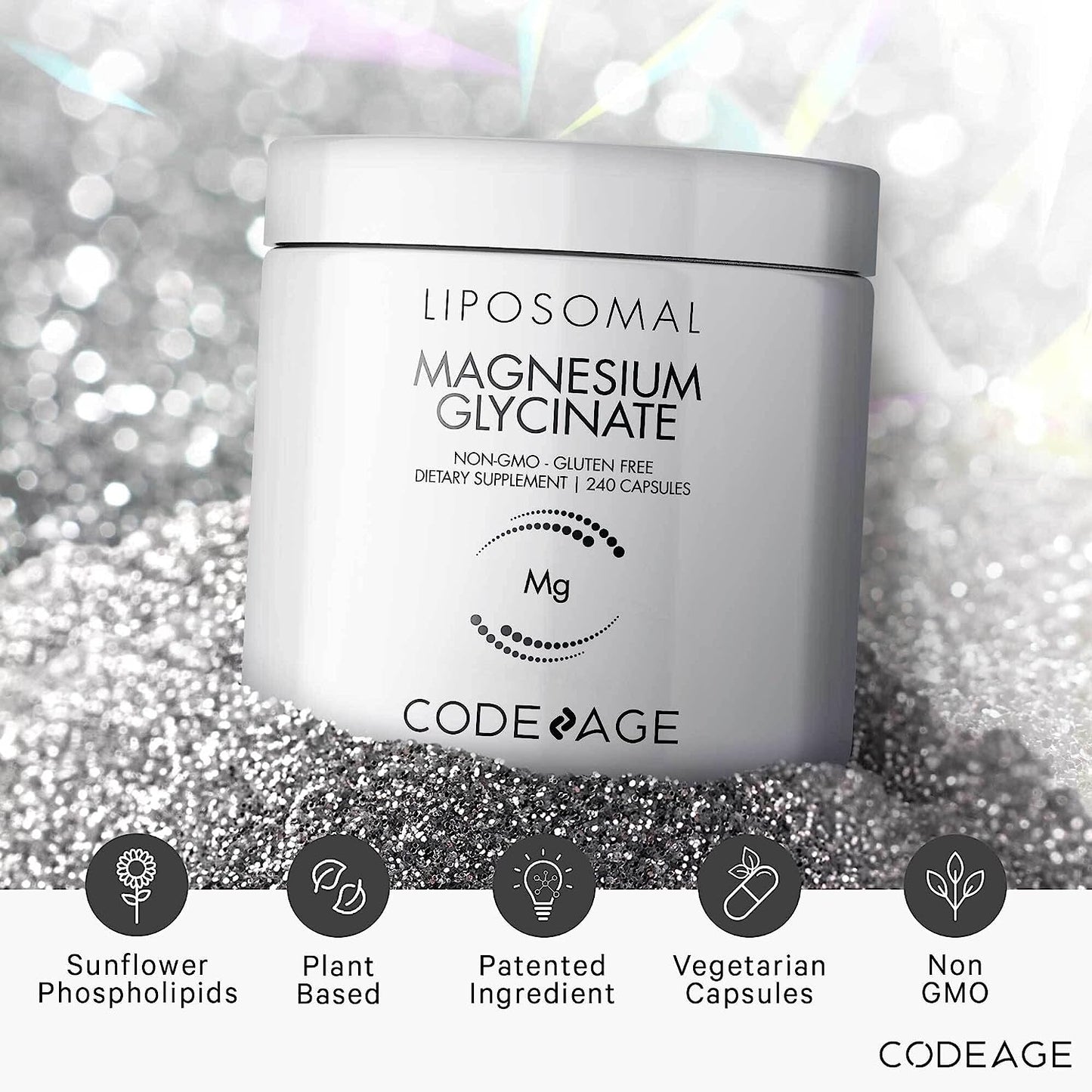 Codeage Suplemento de glicinato de magnesio liposomal, suministro de 2 meses, quelato de bisglicinato de magnesio, pÃldoras minerales de magnesio quelado, cápsulas de vitaminas de pimienta negra de BioPerina, veganas sin OMG, 240 unidades