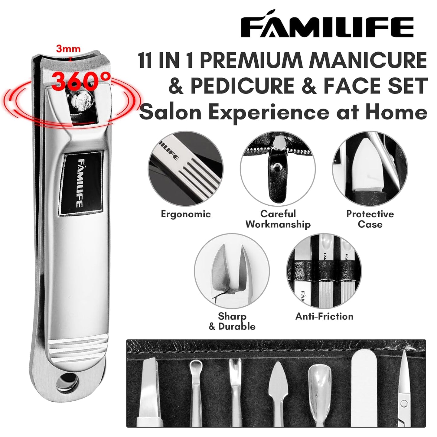 FAMILIFE - Kit de manicura profesional para uñas, 11 en 1, de acero inoxidable