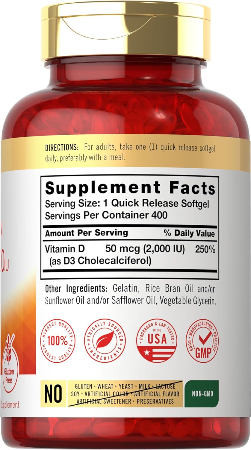 Vitamina D3 2000 UI 50 mcg 400 cápsulas blandas sin OMG y sin gluten Carlyle Laboratorio