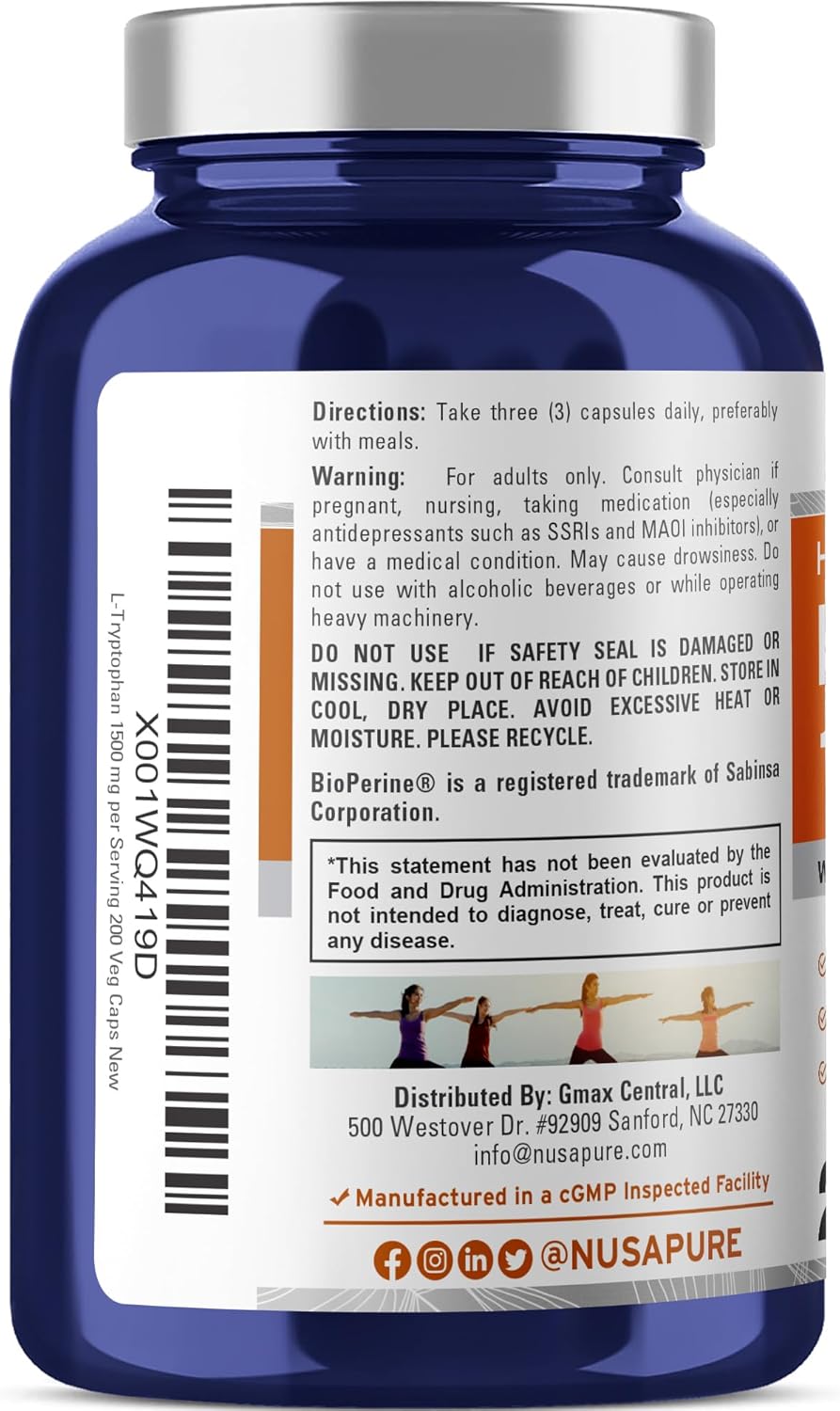 NusaPure - L-Tryptophan 1,500mg - 200 capsulas veg