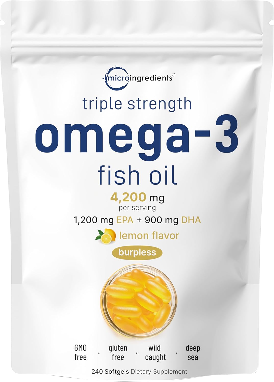 Omega-3 Fish oil 4200mg - 1,200mg EPA + 900mg DHA - 240 capsulas sabor a limon