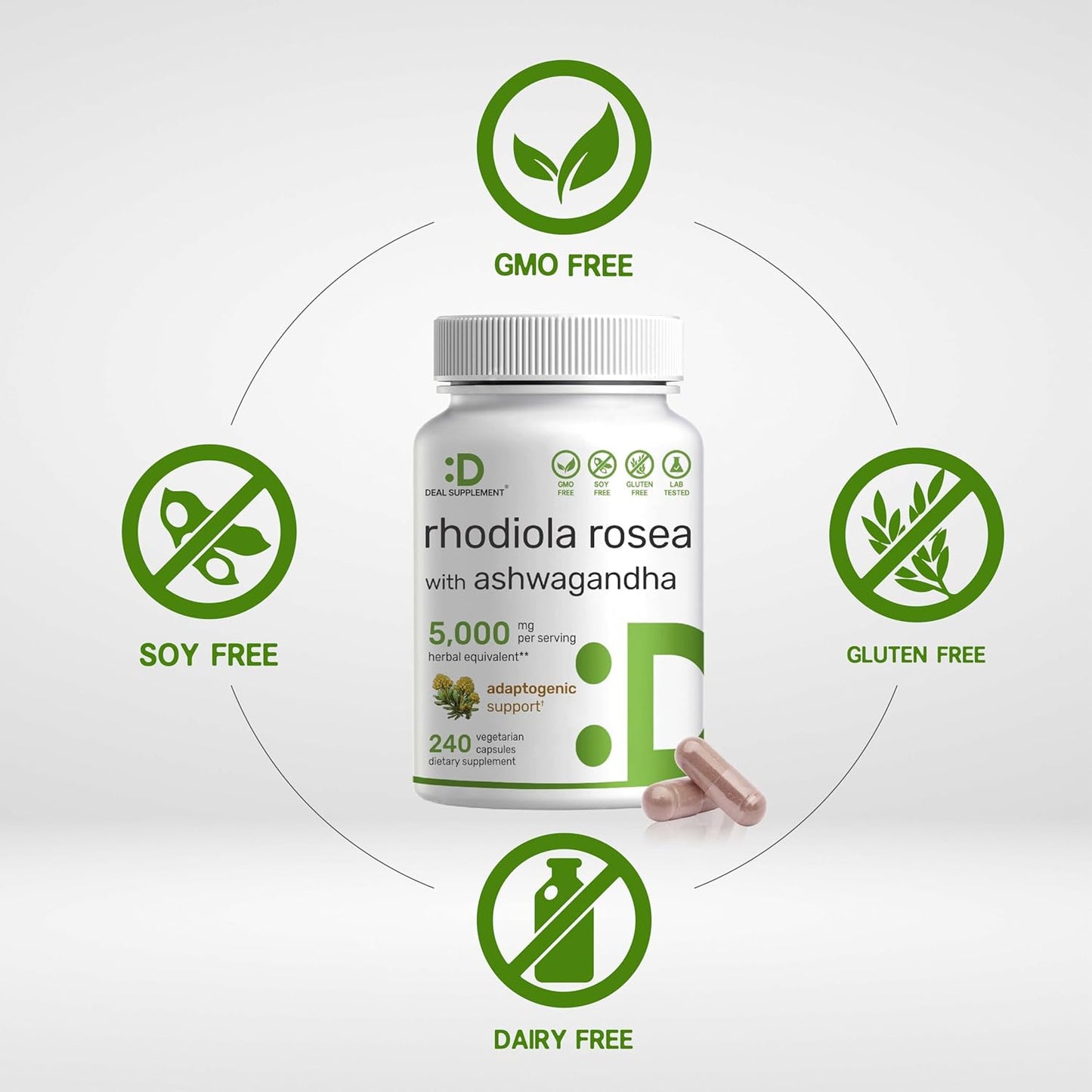 Rhodiola Rosea con Ashwagandha 5000mg , 240 capsulas vegetarianas - Deal Supplement