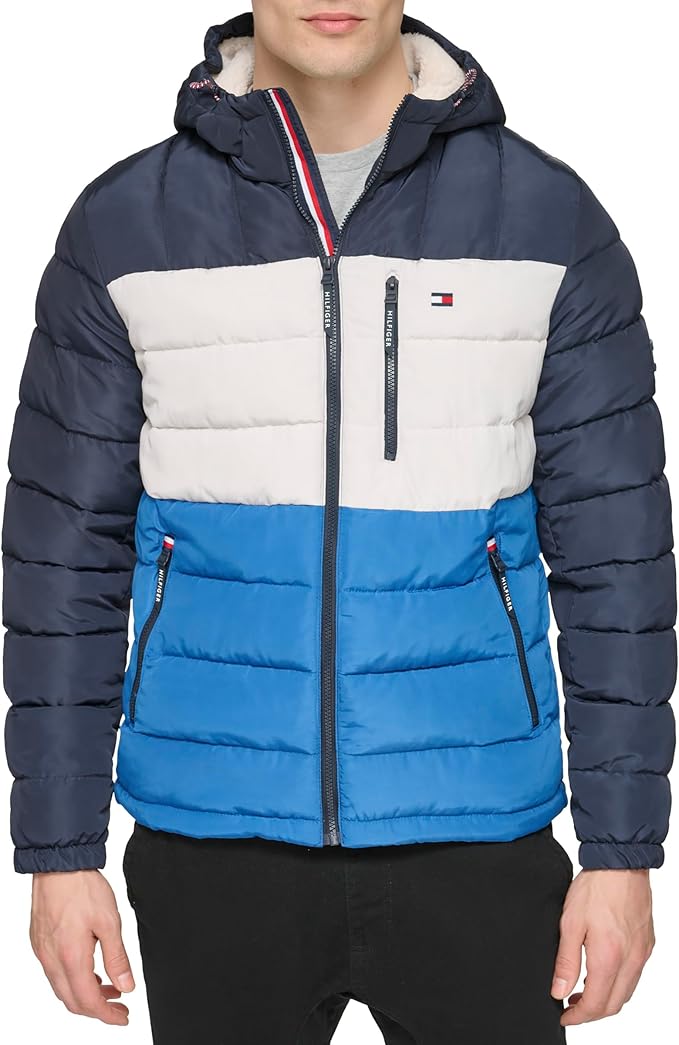 Tommy Hilfiger Chaqueta acolchada resistente al agua con capucha y forro sherpa de peso medio para hombre, Hilfiger Azul