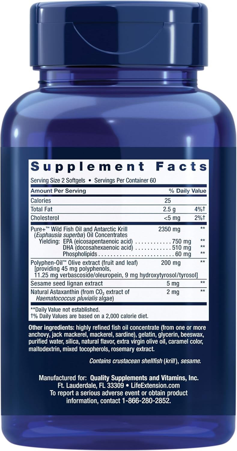 Life Extension - Super Omega-3 Plus EPA/DHA Fish Oil, Sesame Lignans, Olive Extract, Krill & Astaxanthin 120 capsulas