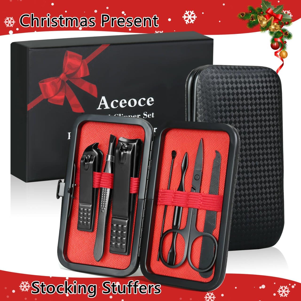 Aceoce Set profesional de aseo de manicura, pedicura con cortaúñas, 18 en 1, de acero inoxidable, Negro