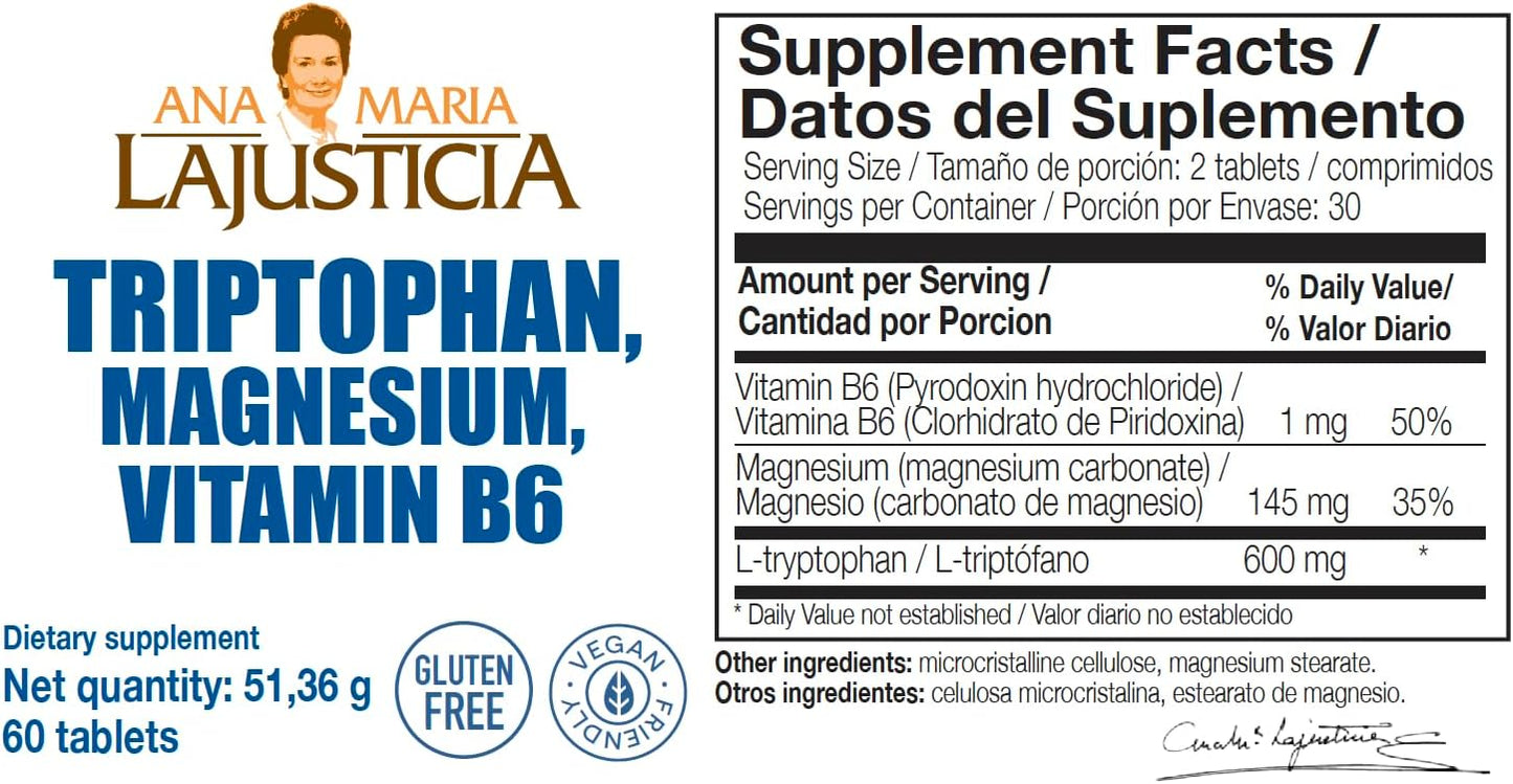Ana Maria La Justicia- Pack Tryptophan (magnesium- vitamina B6), tryptophan(melatonina), 60 tabletas cada frasco