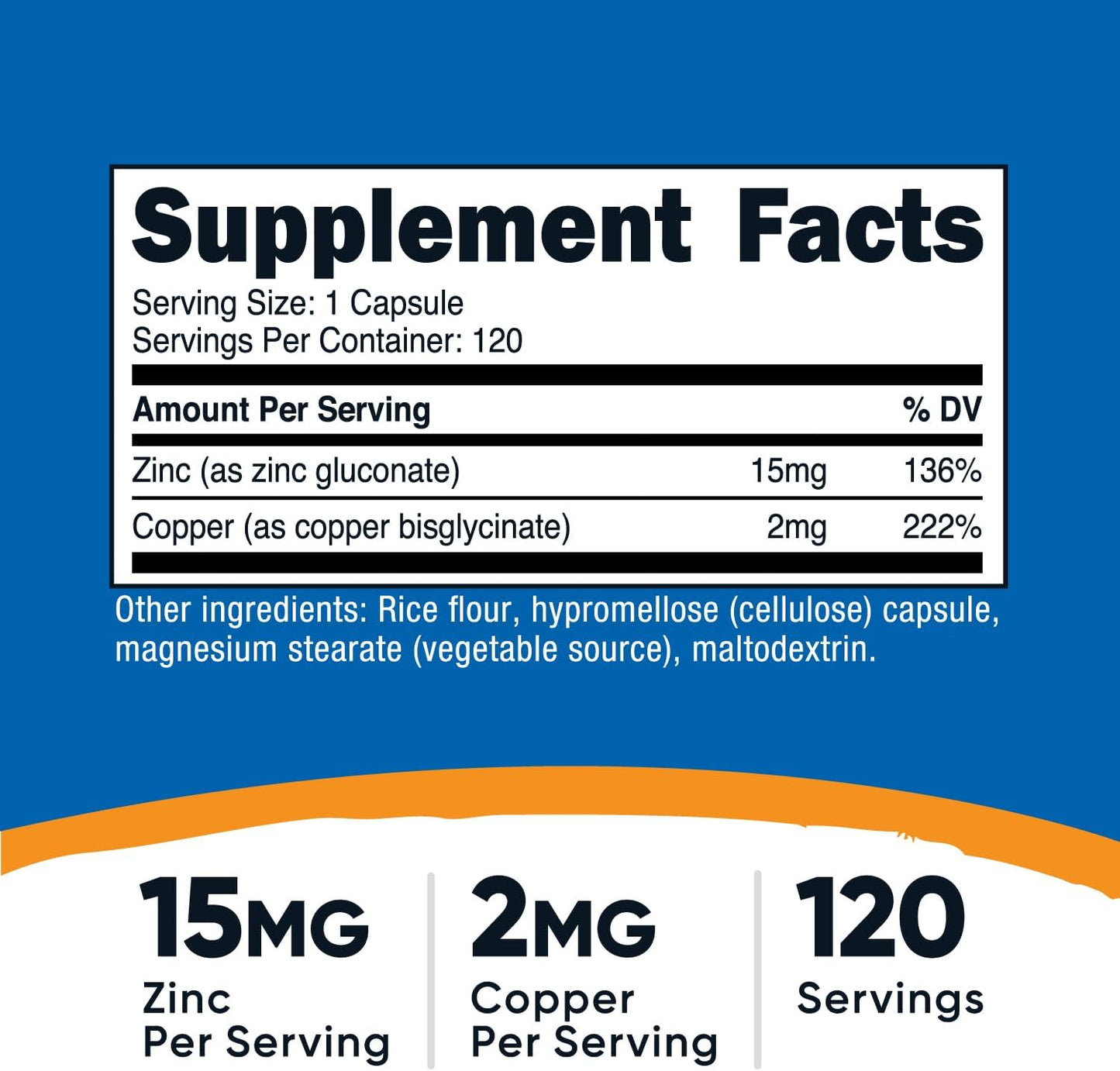 Nutricost - Zinc(15mg) + Copper(2mg), 120 capsulas