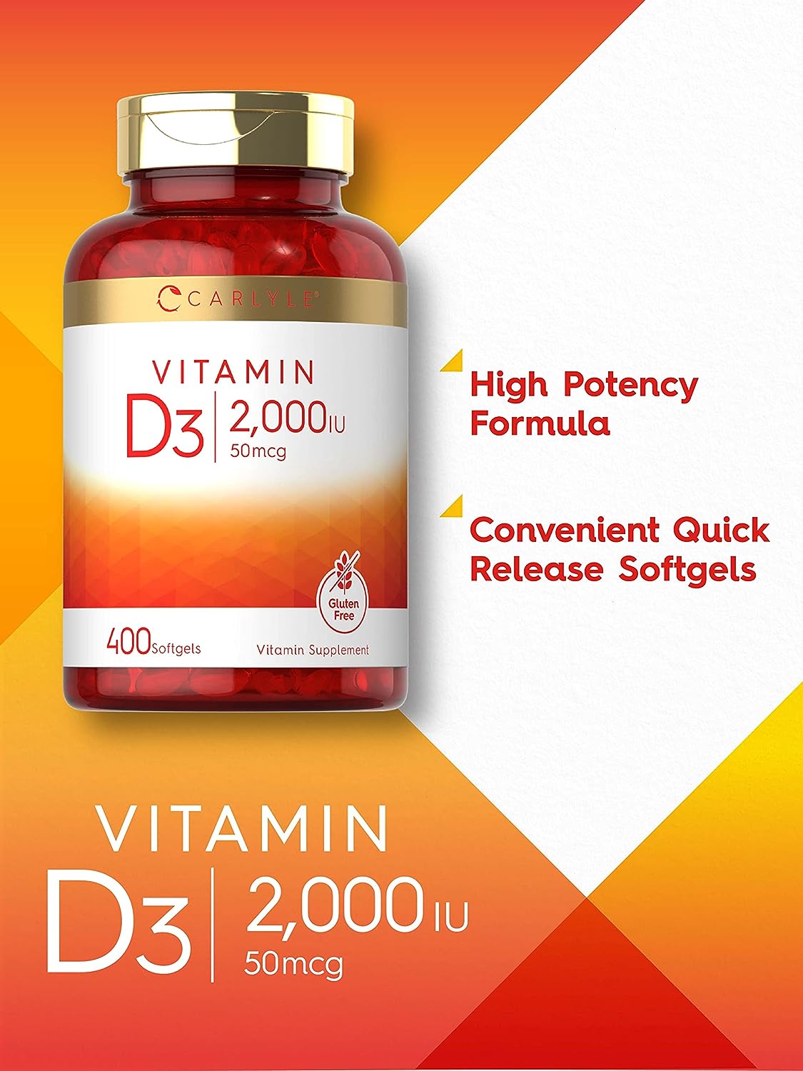 Vitamina D3 2000 UI 50 mcg 400 cápsulas blandas sin OMG y sin gluten Carlyle Laboratorio