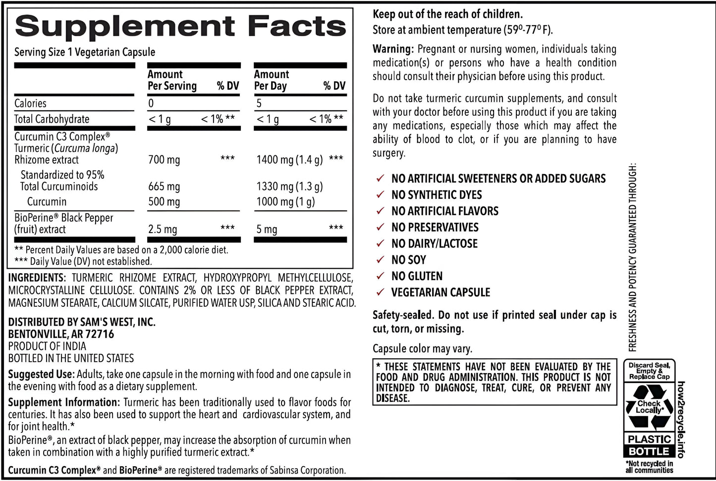 Cúrcuma Turmeric Extra Fuerte de Member's Mark 1400 mg.- 180 Capsulas