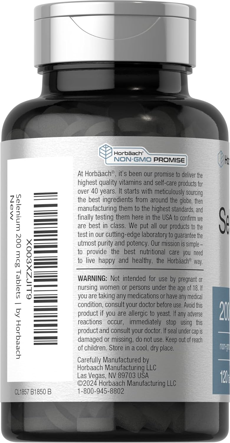 Horbäach Suplemento de selenio de 200 mcg para mujeres y hombres | 120 tabletas | Sin OMG y sin gluten