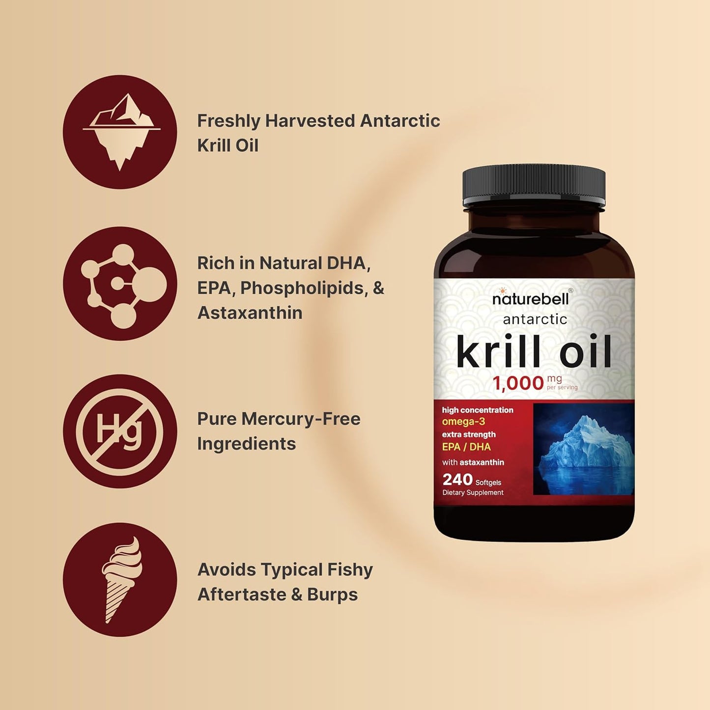 NatureBell Suplemento de aceite de krill antártico de 1000 mg, 240 cápsulas blandas