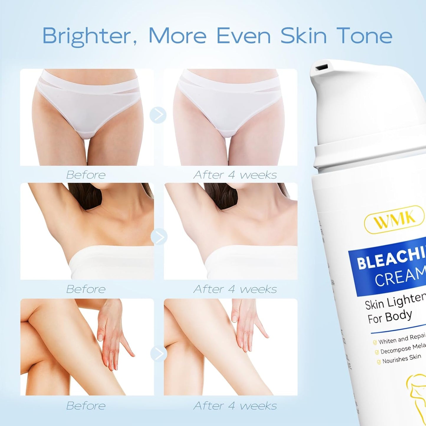 WMK Crema aclaradora de piel para áreas íntimas – Eliminador de manchas oscuras con vitamina C para axilas, rodillas, codos y línea de bikini