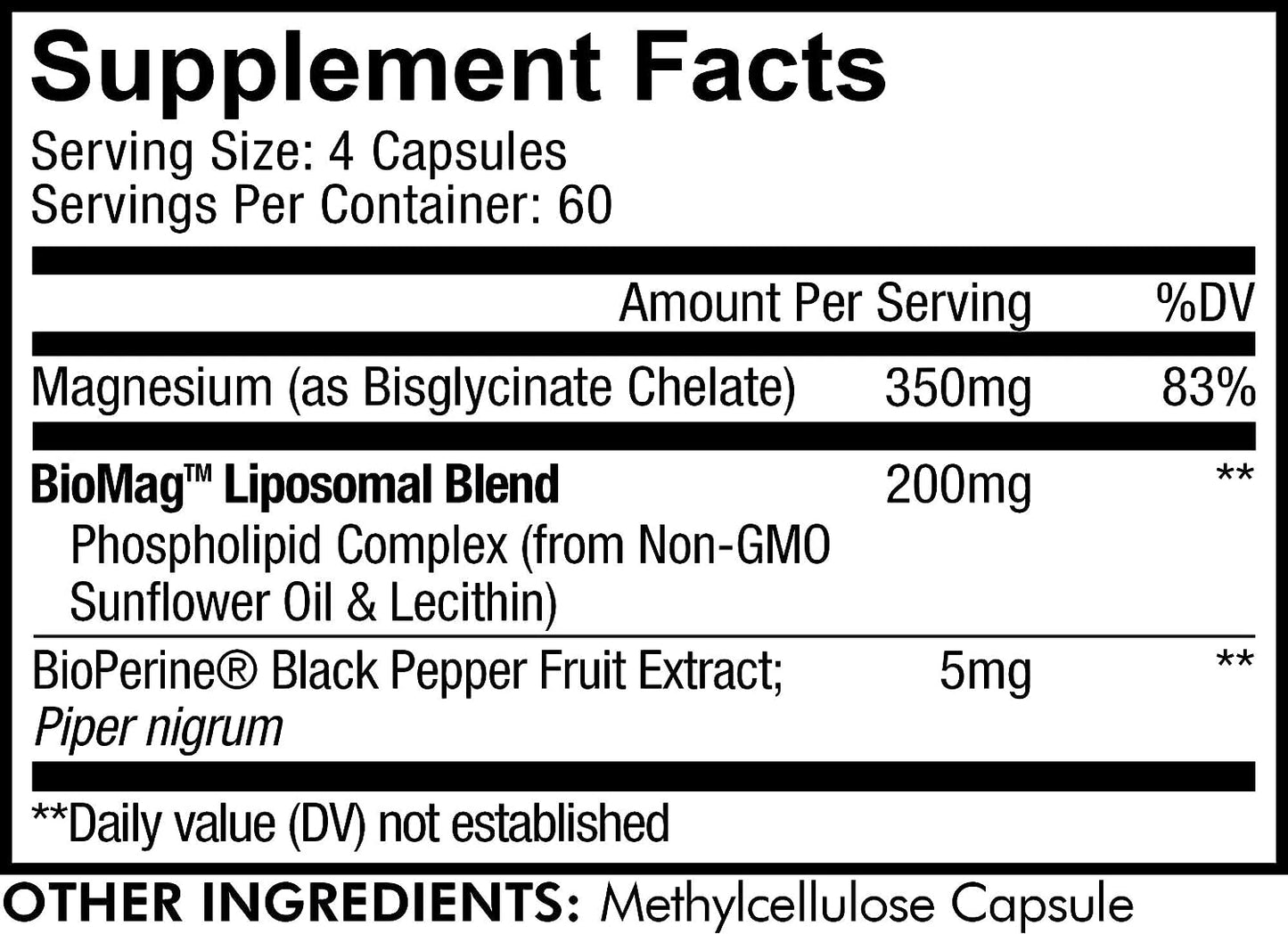 Codeage Suplemento de glicinato de magnesio liposomal, suministro de 2 meses, quelato de bisglicinato de magnesio, pÃldoras minerales de magnesio quelado, cápsulas de vitaminas de pimienta negra de BioPerina, veganas sin OMG, 240 unidades
