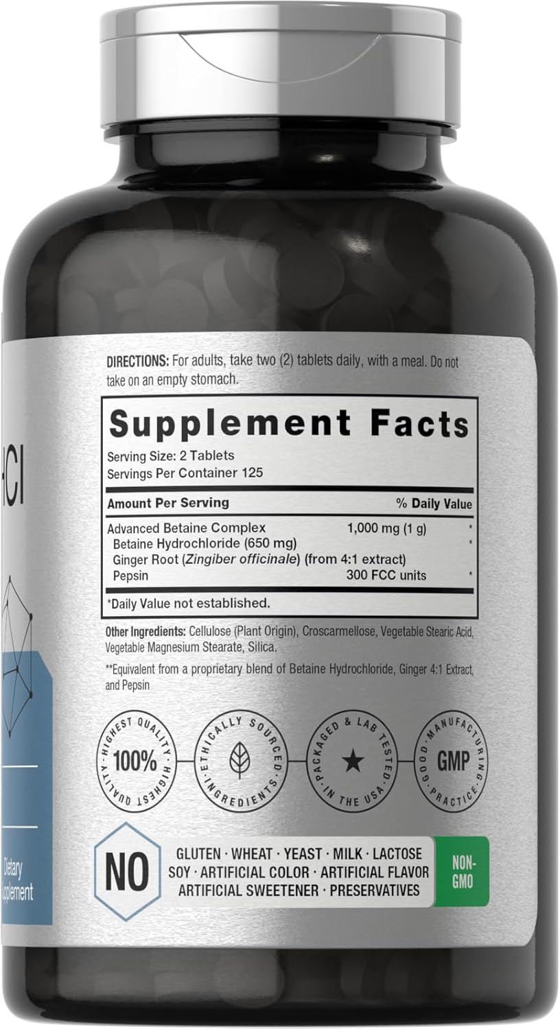 Horbäach Betaína HCl con pepsina | 1000 mg | 250 tabletas | Suplemento de clorhidrato | con raíz de jengibre | Sin OMG, sin gluten