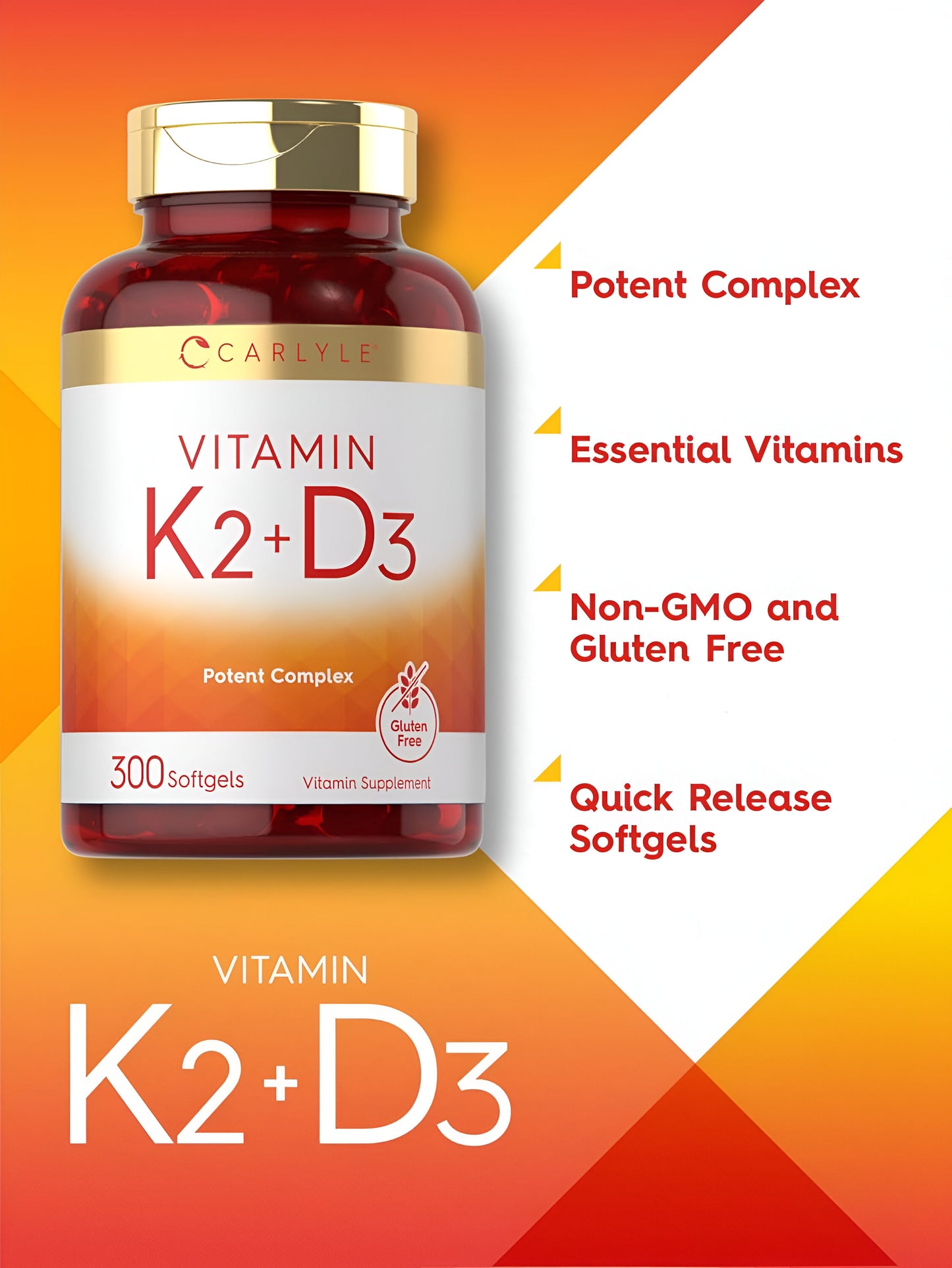 K2 + D3 Carlyle 300 Cápsulas 200mcg K2 y MK7 y 250mcg D3 .