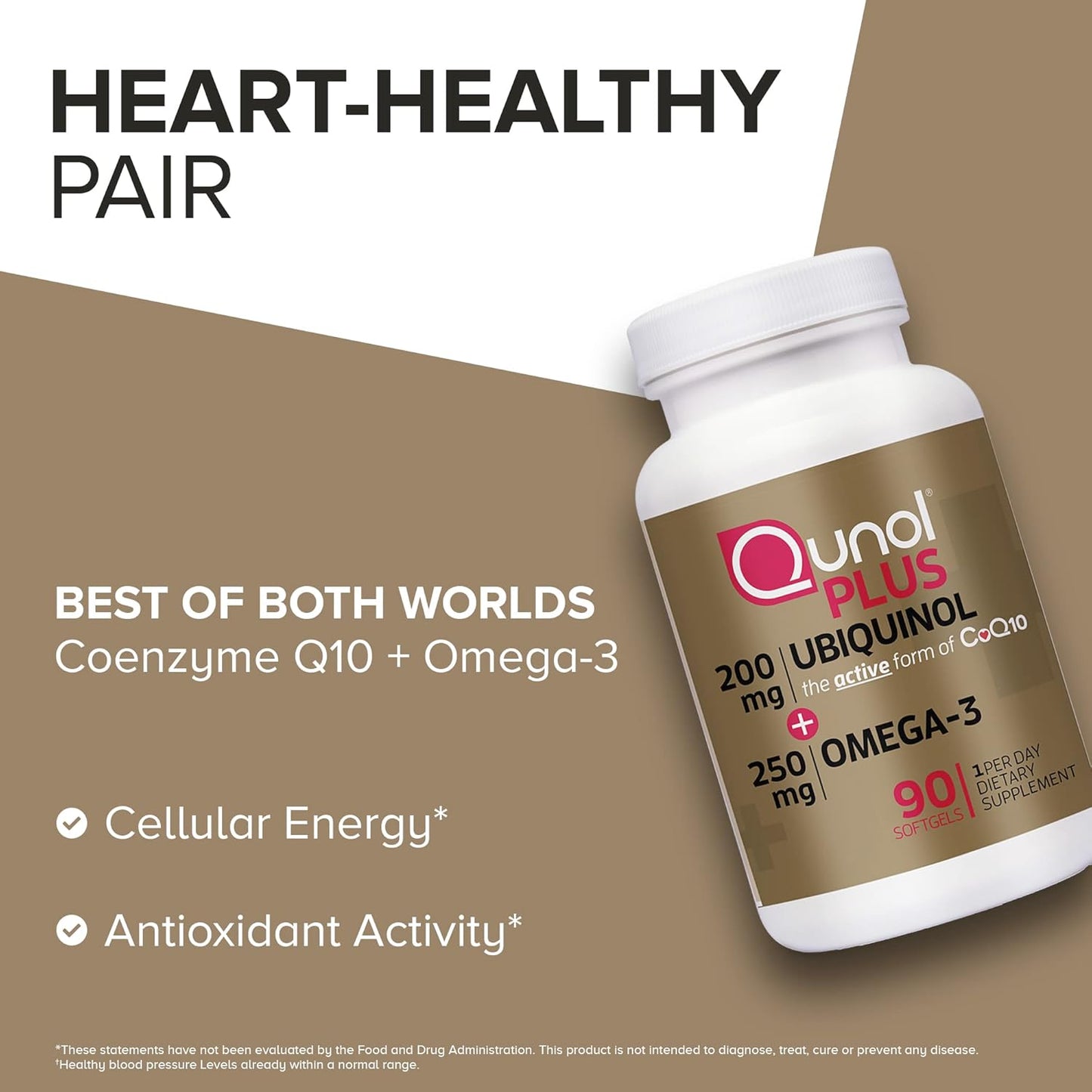 Qunol Plus Ubiquinol + Omega-3, 200mg + 250 mg, 90 capsulas