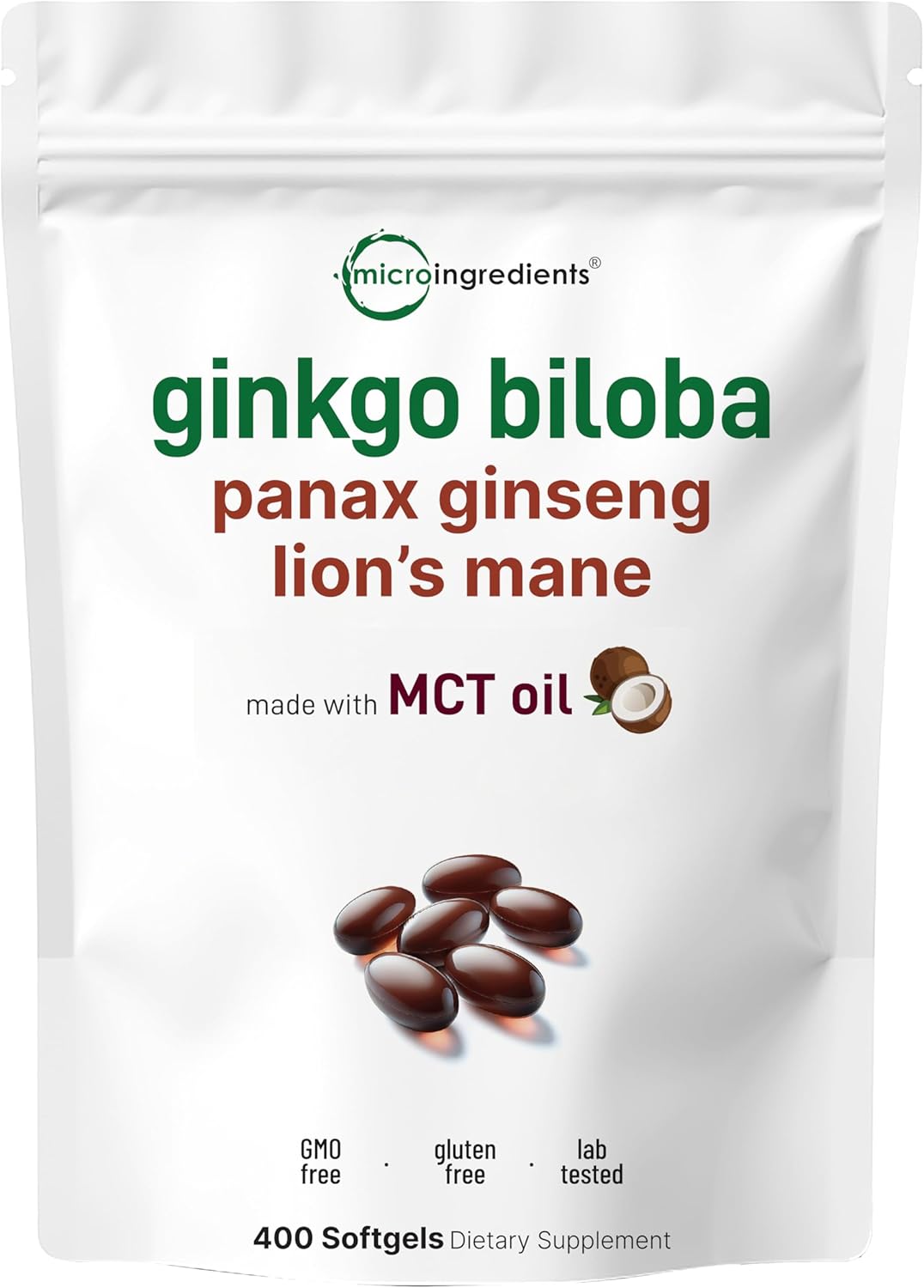MicroIngredients - Ginkgo Biloba, panax ginseng lions mane con MCT OIl, 400 capsulas