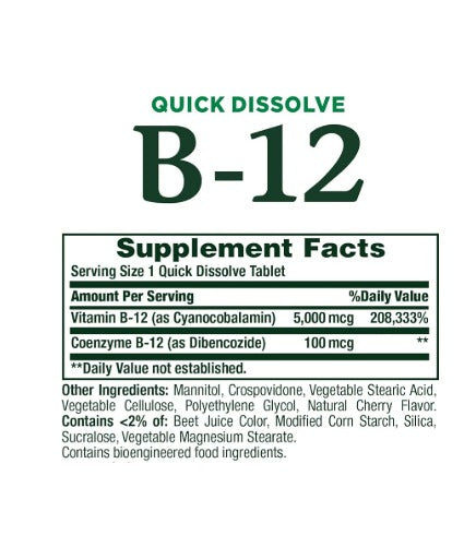 Nature's Bounty Vitamina B12 5000 mcg, 40 Tabletas de Disolucion rapida Sublinguales.