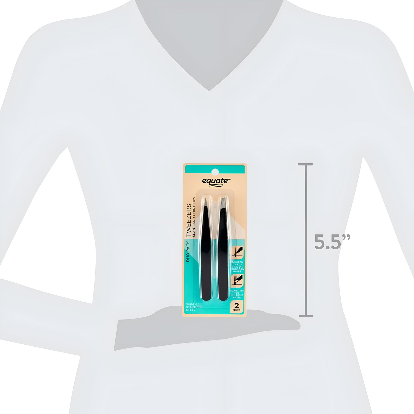 Equate Beauty Pinzas de Pinzas de Acero Inoxidable con Punta Inclinada y Puntiaguda, Pack Dúo, Unisex Adulto