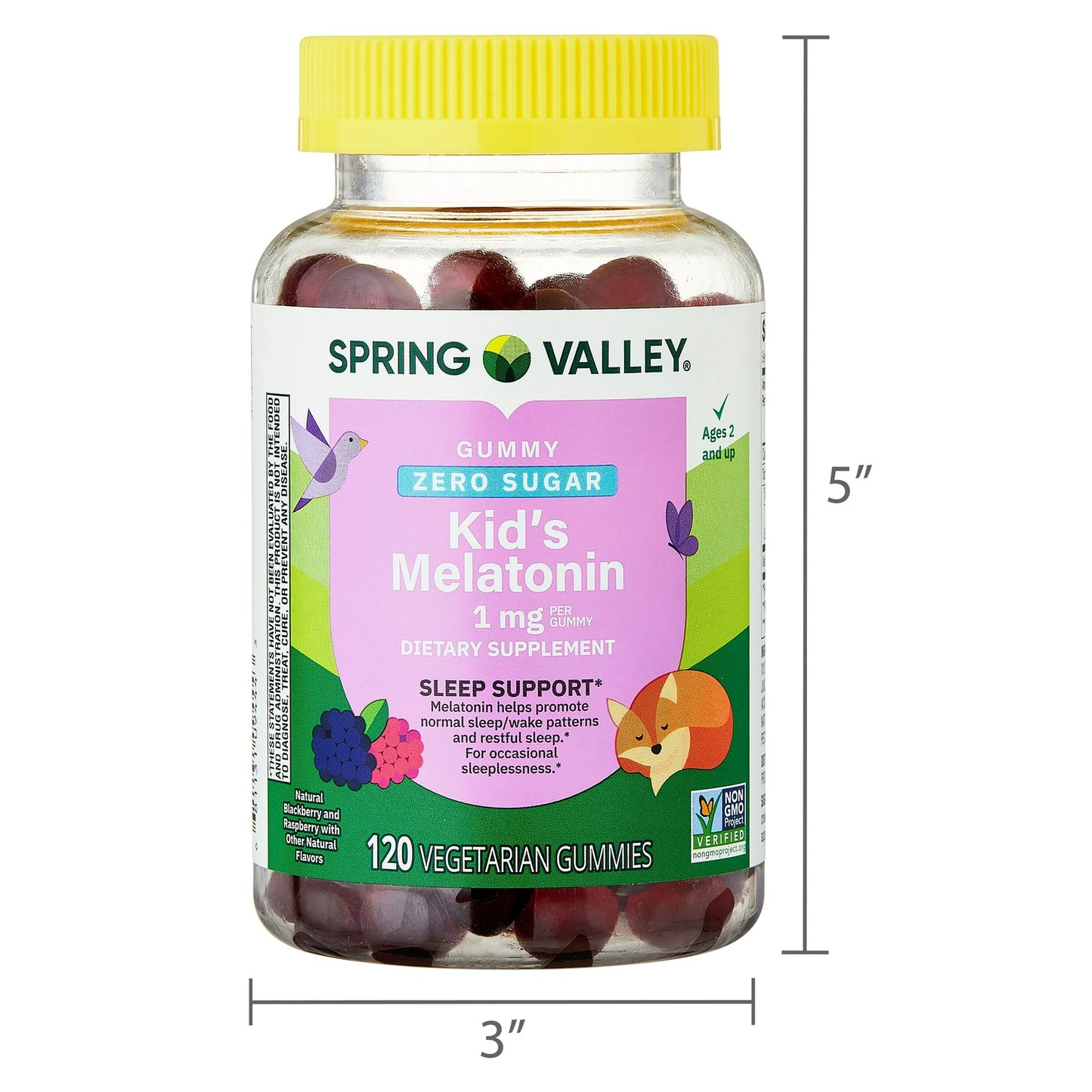 Spring Valley 1 mg Melatonina para niños Zero Sugar, frambuesa y mora, 120 Gomitas