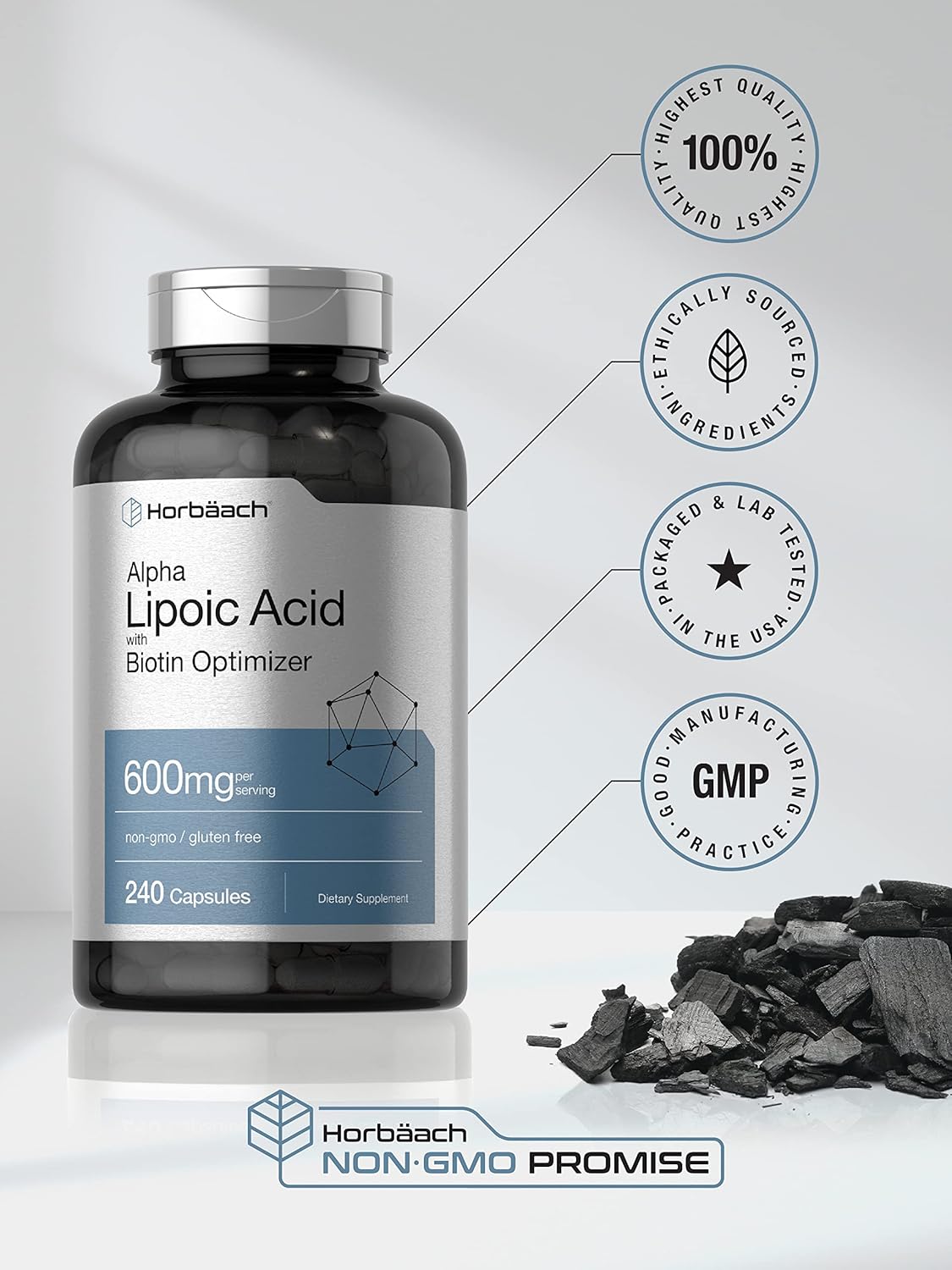 Horbäach Ácido alfa lipoico de 600 mg | 240 cápsulas | con optimizador de biotina | Suplemento sin OMG y sin gluten