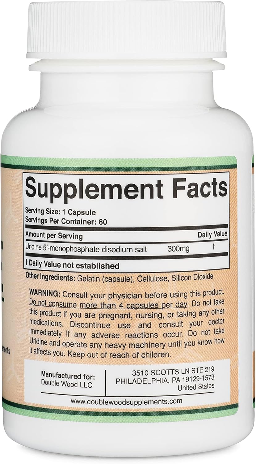 Double Wood - Monofosfato de uridina 300 mg, 60 cápsulas con alfa GPC colina salud cerebral y la memoria