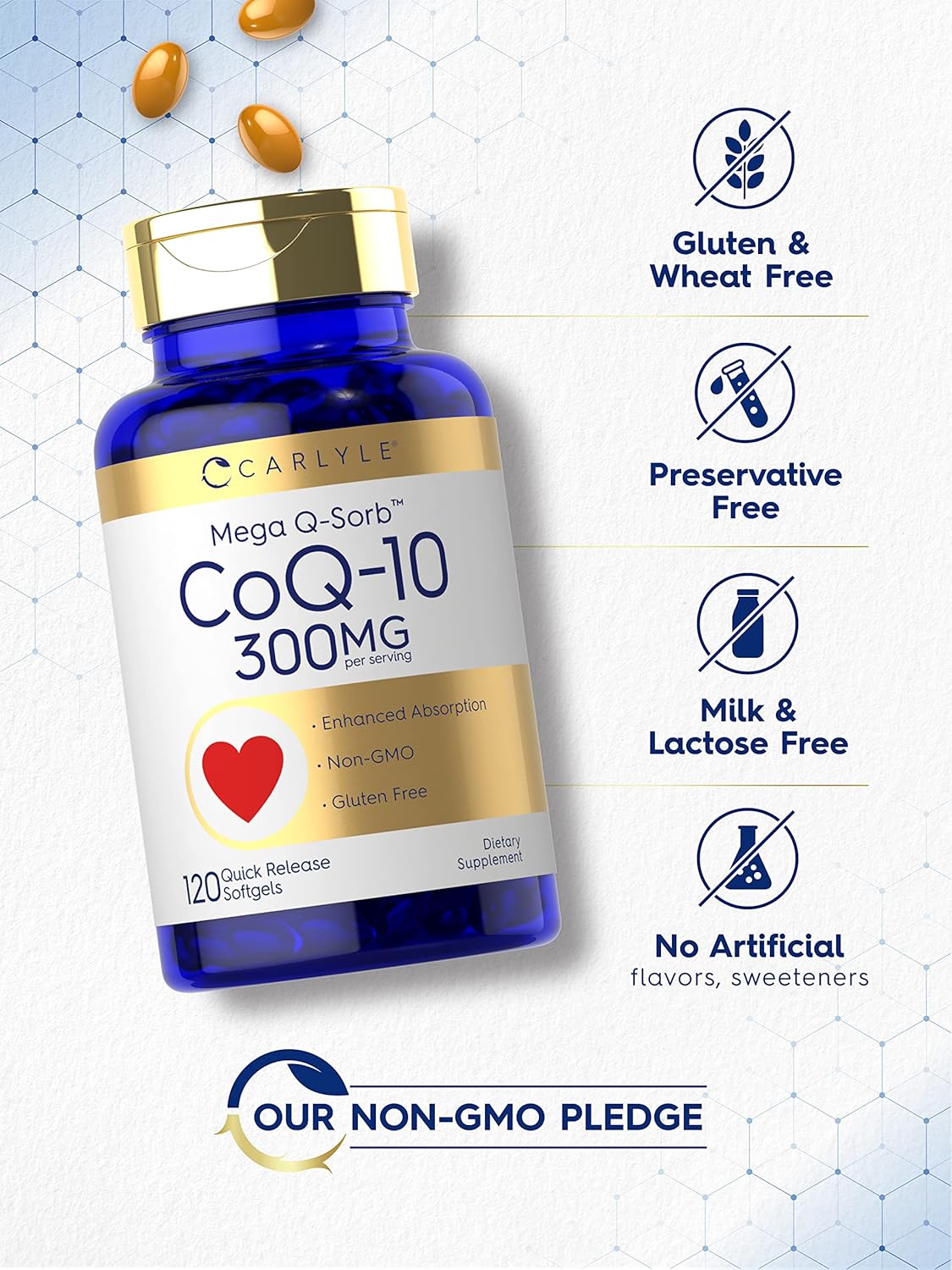Carlyle CoQ10 300mg | 120 cápsulas blandas | Mega Q-Sorb Coenzima Q-10 | con extracto de pimienta negra | Suplemento sin OMG, sin gluten