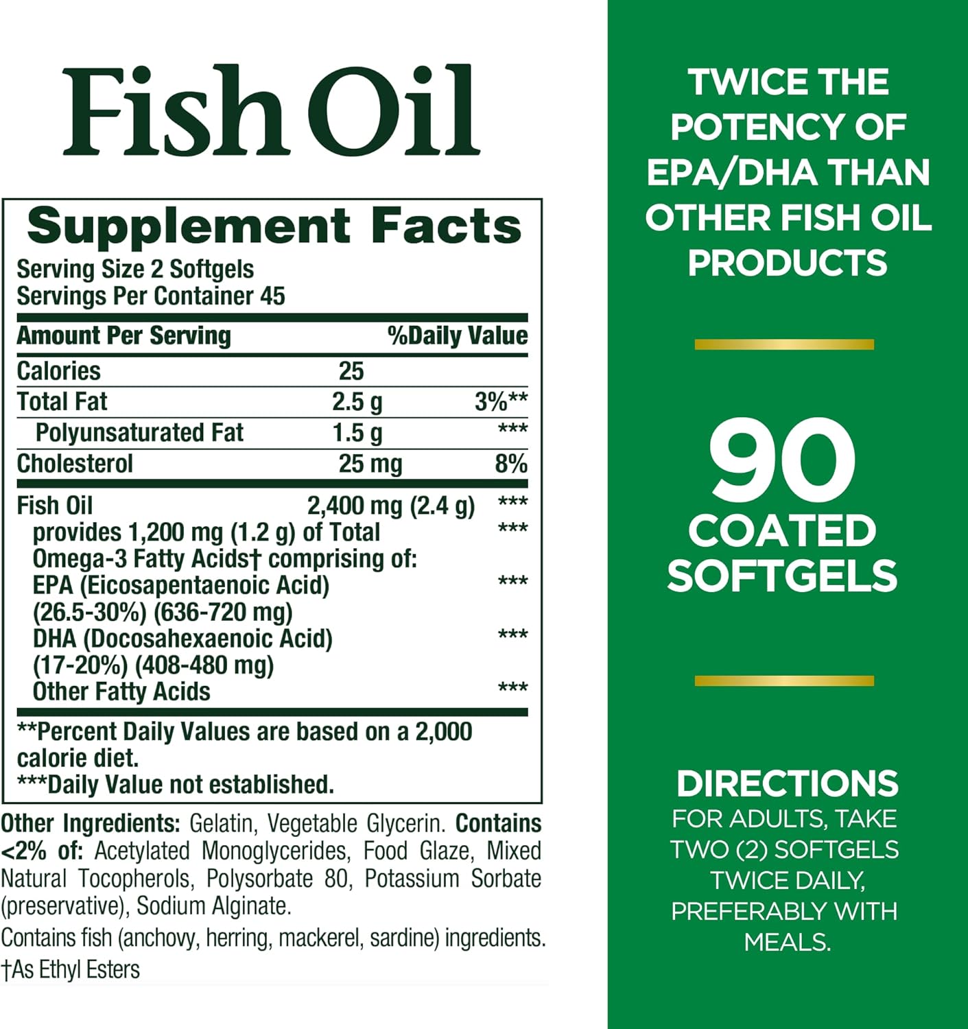 Natures Bounty - Fish oil 2400mg, 1200mg(omega-3) - 90 cápsulas blandas recubiertas