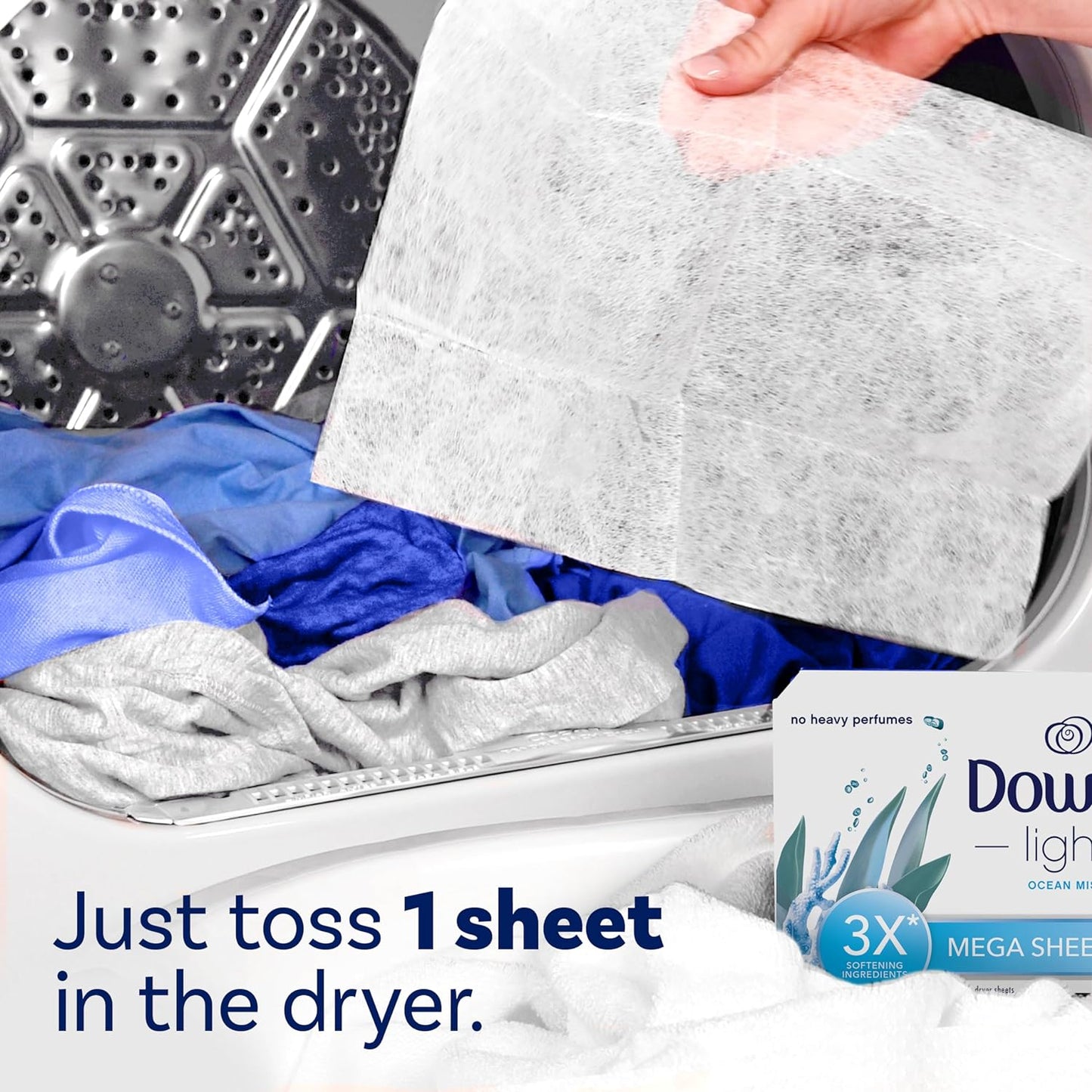 Downy Hojas de secado Mega ligeras, hojas de secadora suavizantes de tela, niebla oceánica- 60 sheets