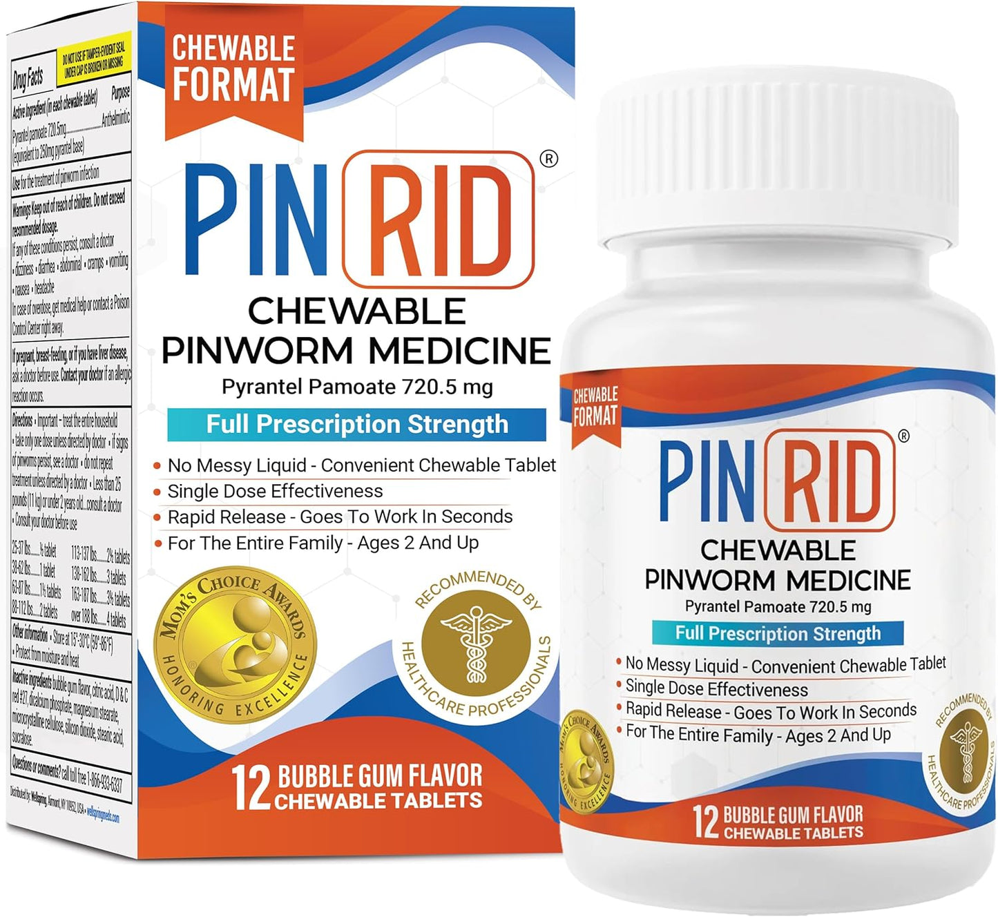PinRid - Chewable pinworm medicine pyrantel pamoate 720.5mg, 12 tabletas masticables