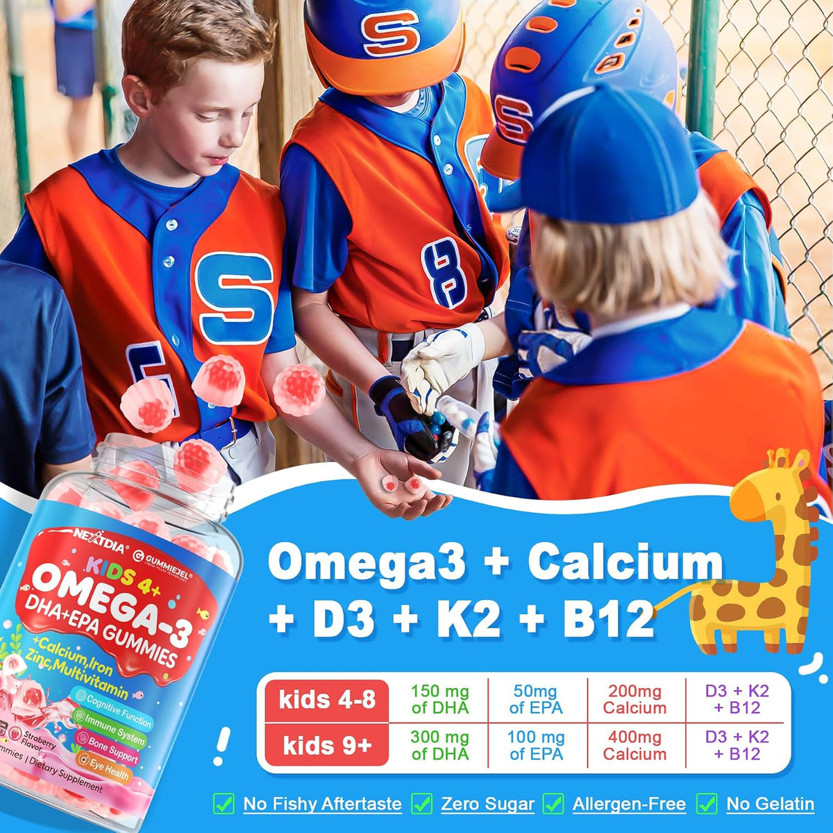 Nextdia Omega 3 (EPA/DHA) para niños y adolescentes, con multivitamínico y calcio - 60 gummies