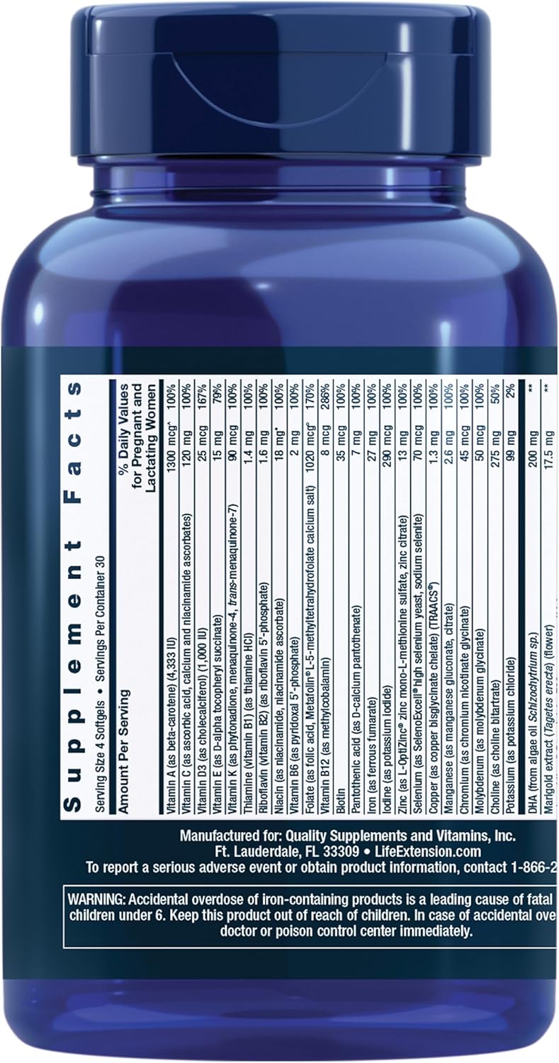 Life Extension Prenatal Advantage 120 softgels multivitamínico completo - Choline + Ácido Fólico + DHA