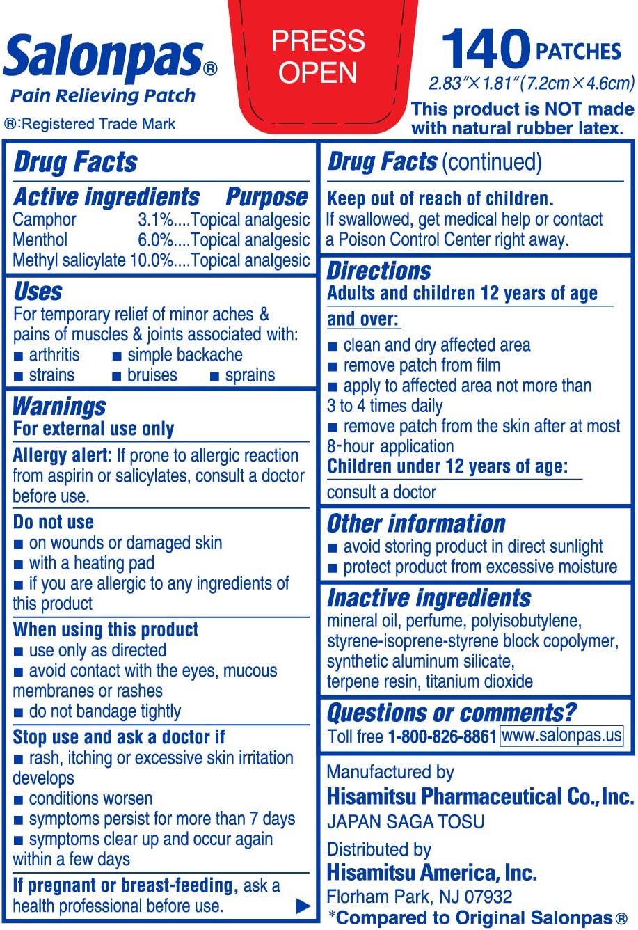 Salonpas Parches para el dolor - Alivia por 8 horas - 140 Parches.