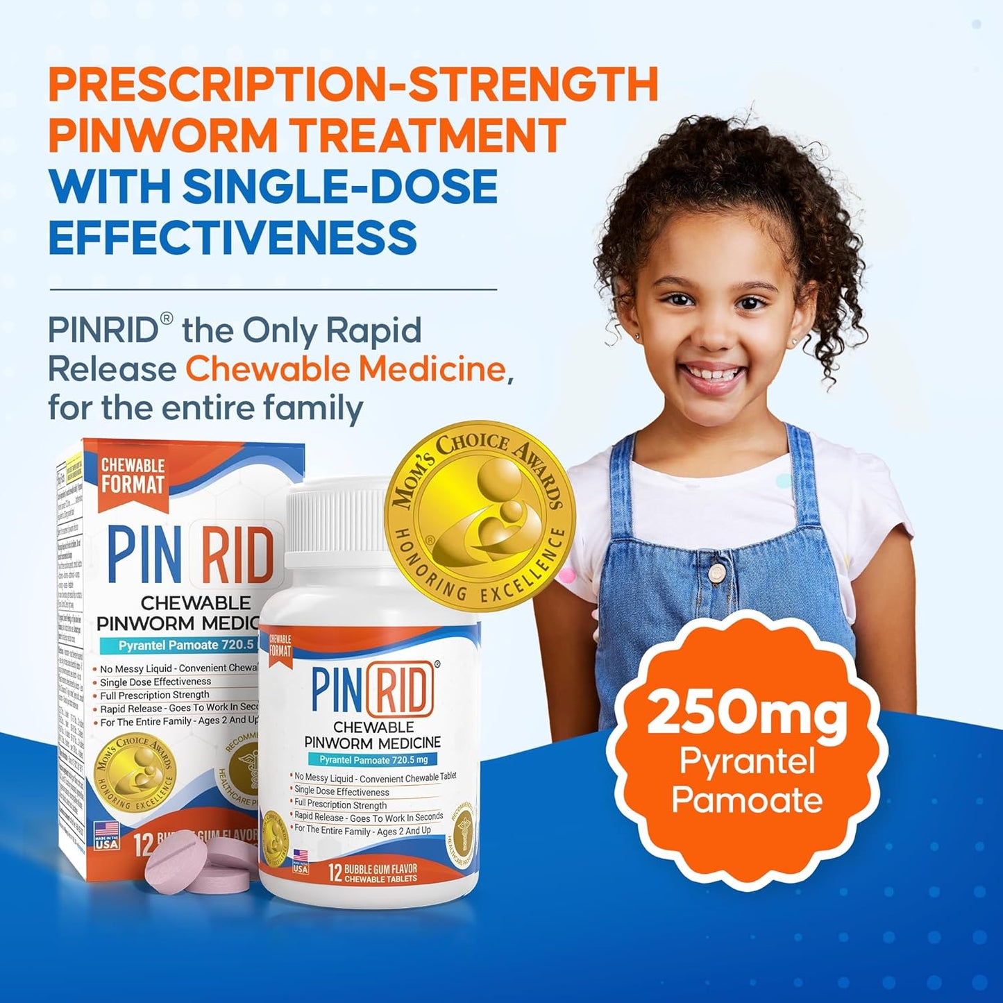 PinRid - Chewable pinworm medicine pyrantel pamoate 720.5mg, 12 tabletas masticables