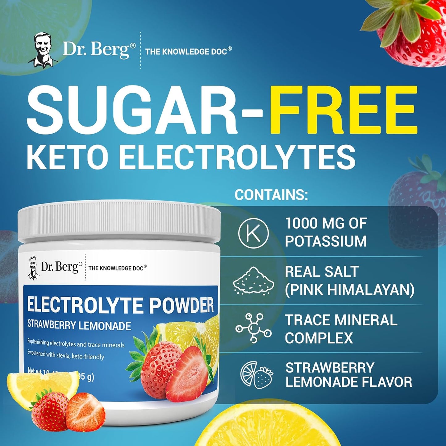 Dr. Berg - Electrolyte Powder 295g, sabor limonada de fresa