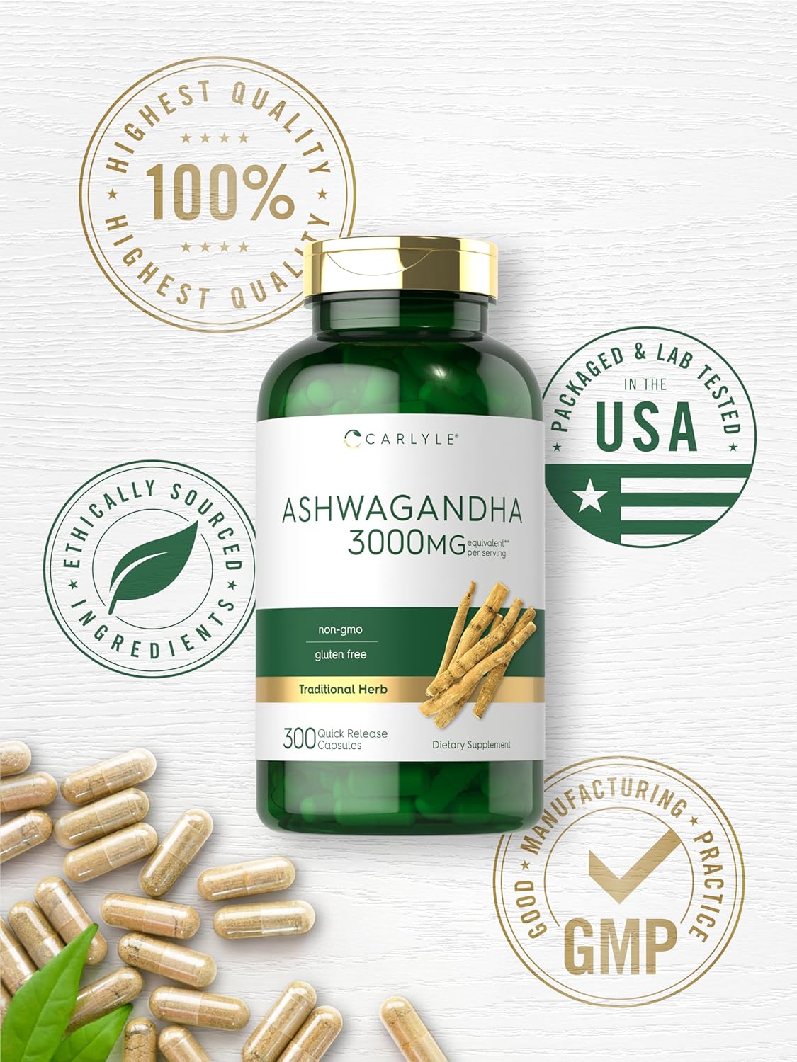 Carlyle Suplemento Ashwagandha de 3000 mg 300 cápsulas