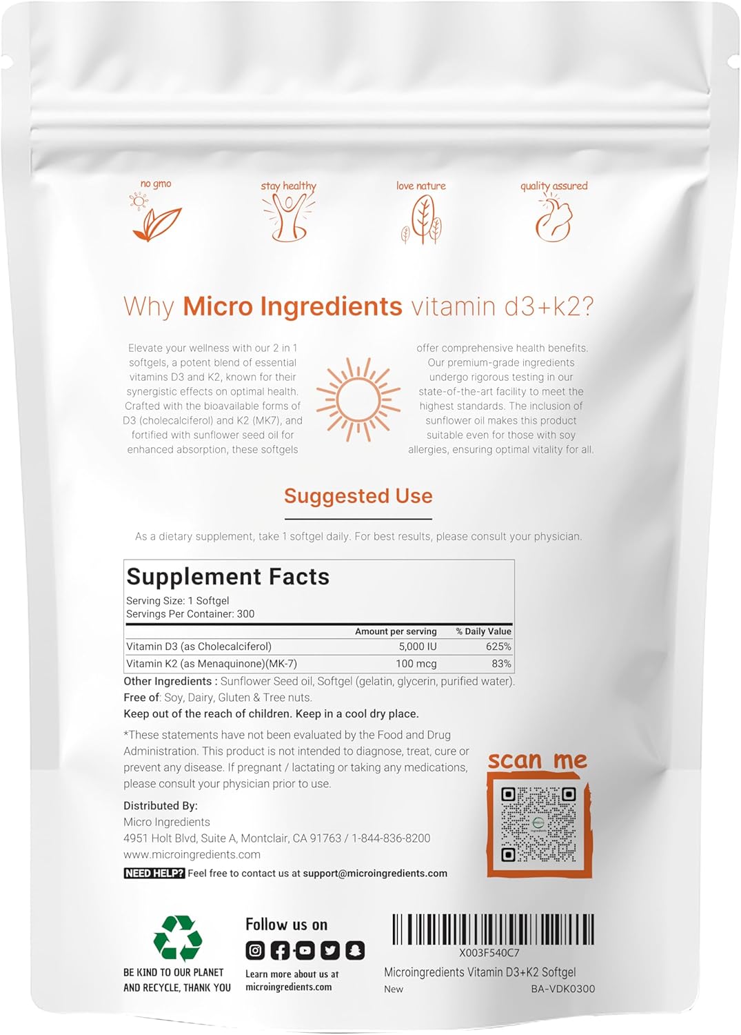 Micro Ingredients - Vitamina D3 5000 UI con K2 100 mcg, 300 cápsulas blandas, K2 MK-7 con suplemento de vitamina D3, 2 en 1, salud inmunitaria,.