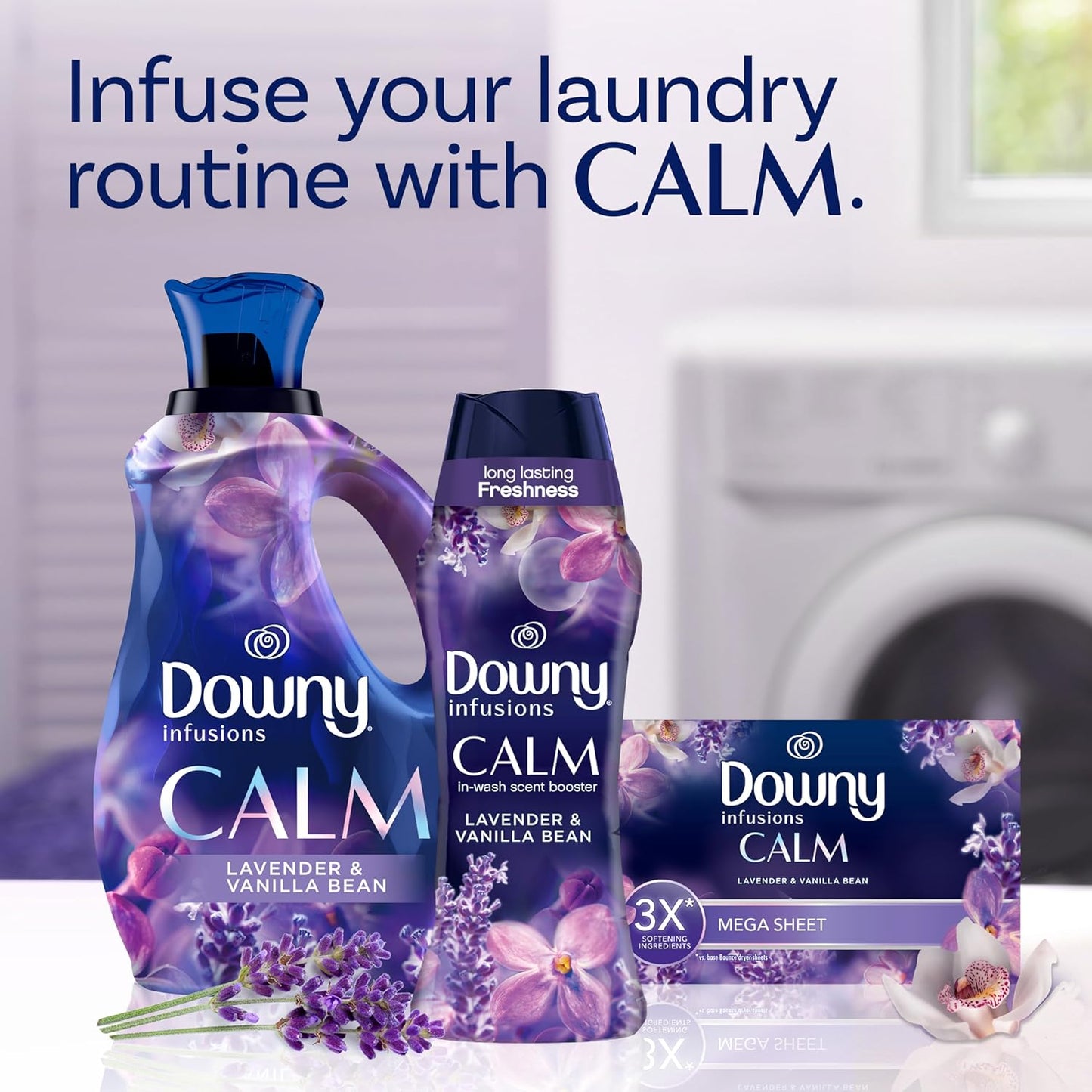 Downy Infusions - Perlas potenciadoras de aroma para lavar la ropa, calmante, aroma calmante a lavanda y vainilla a grano, 30.1 oz 853g