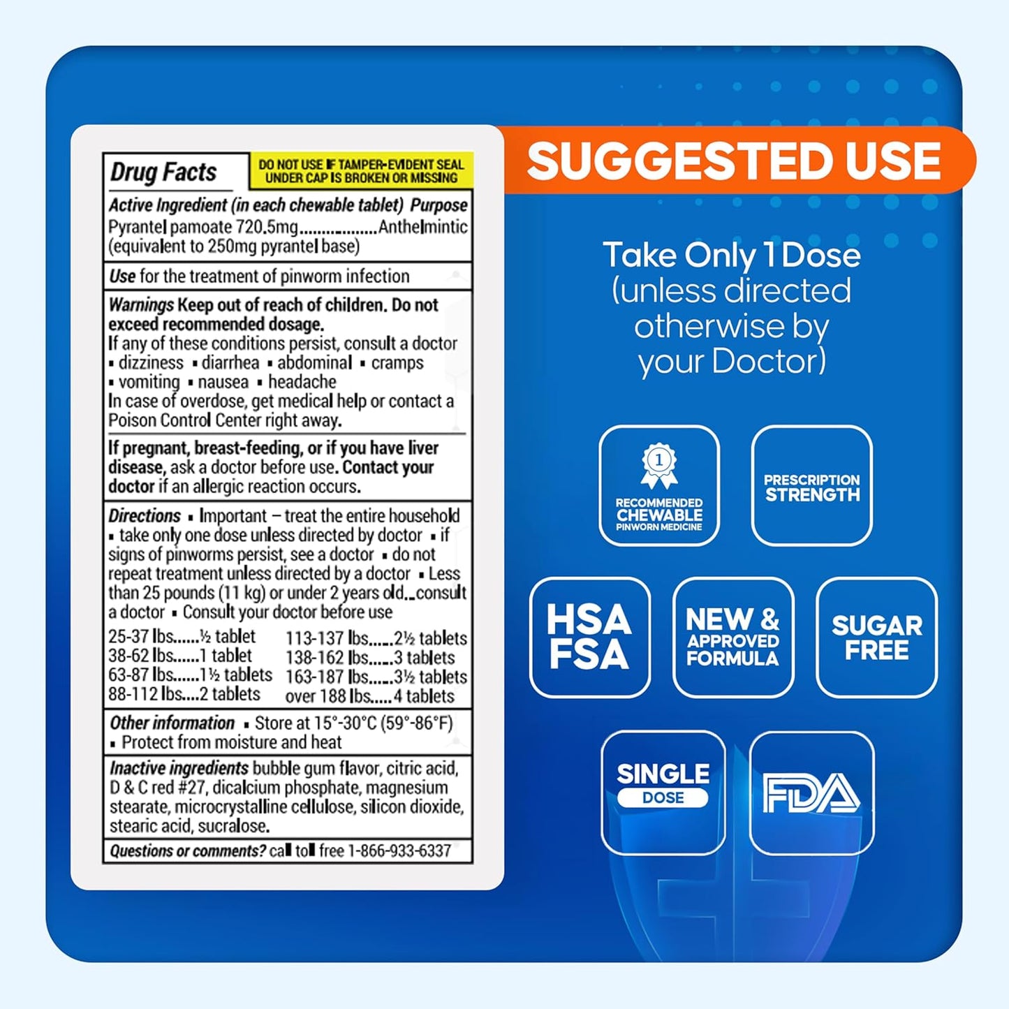 PinRid - Chewable pinworm medicine pyrantel pamoate 720.5mg, 12 tabletas masticables