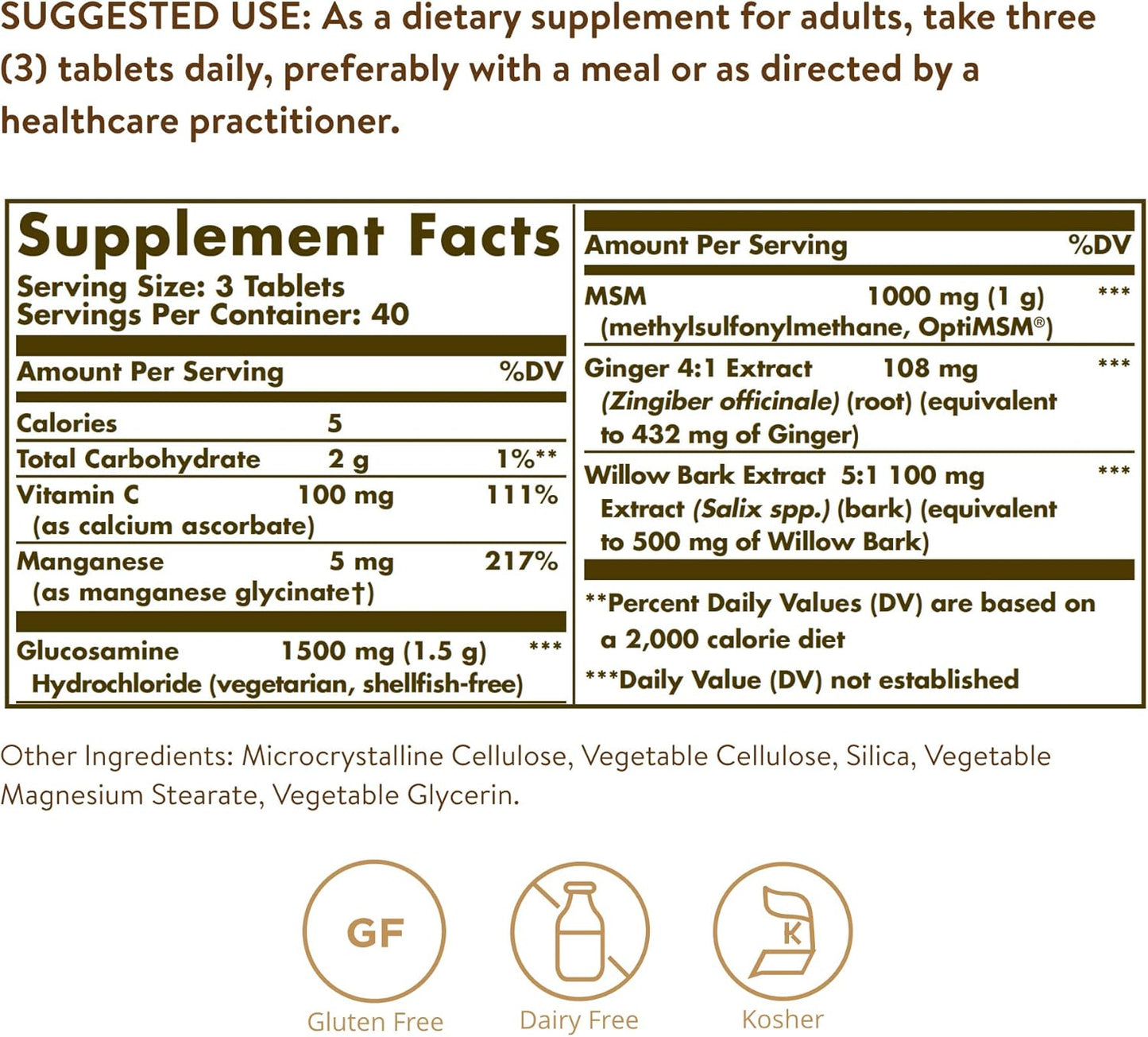Solgar - Glucosamina MSM complex sin mariscos, 120 tabletas