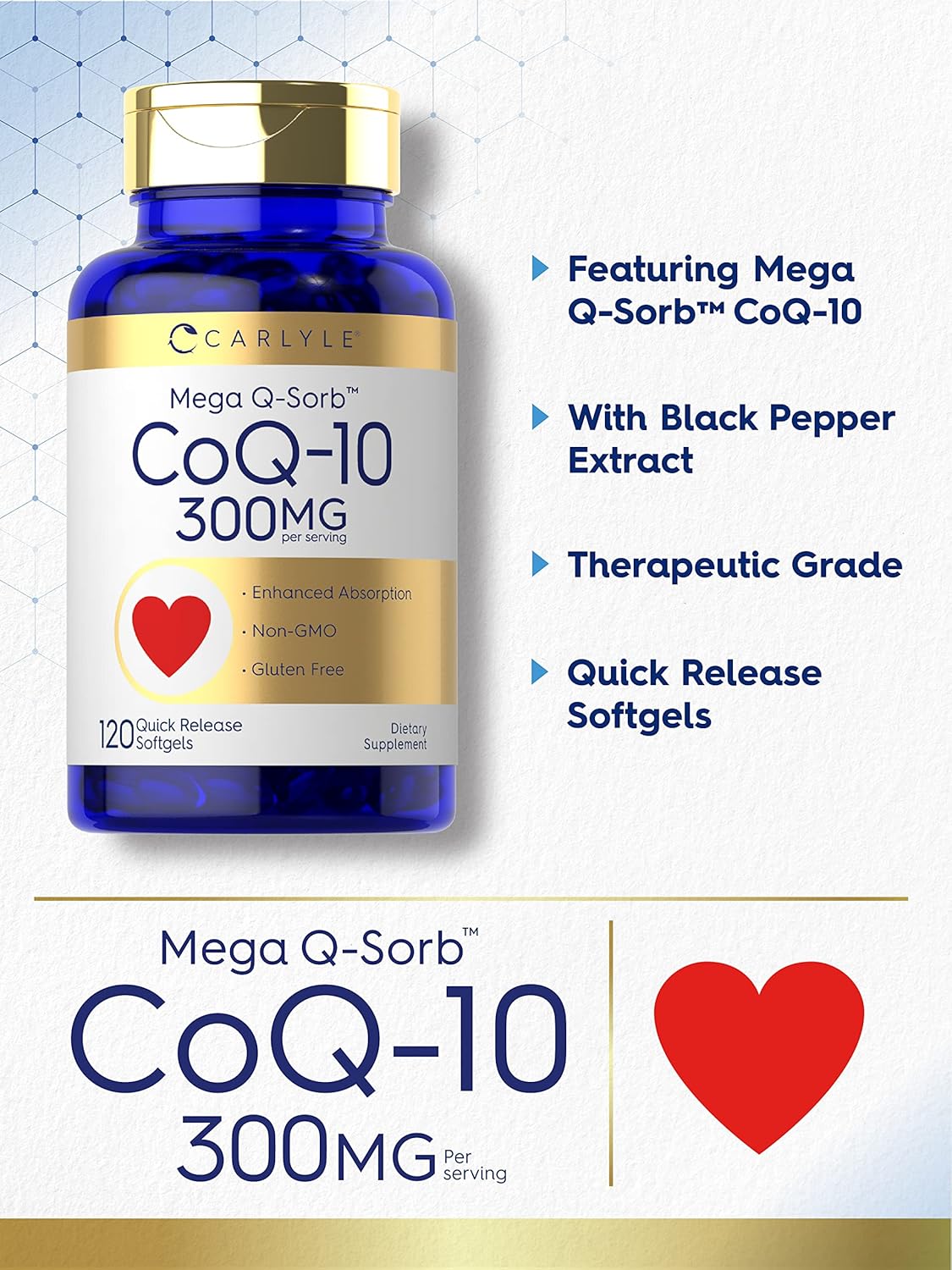 Carlyle CoQ10 300mg | 120 cápsulas blandas | Mega Q-Sorb Coenzima Q-10 | con extracto de pimienta negra | Suplemento sin OMG, sin gluten